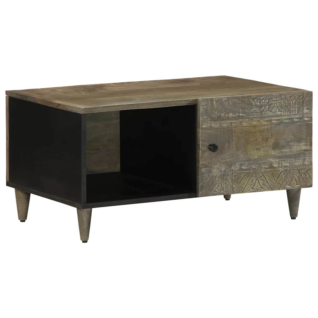 vidaXL Coffee Table 80x50x40 cm Solid Mango Wood Light Grey With Carved Drawer For Living Room by vidaXL