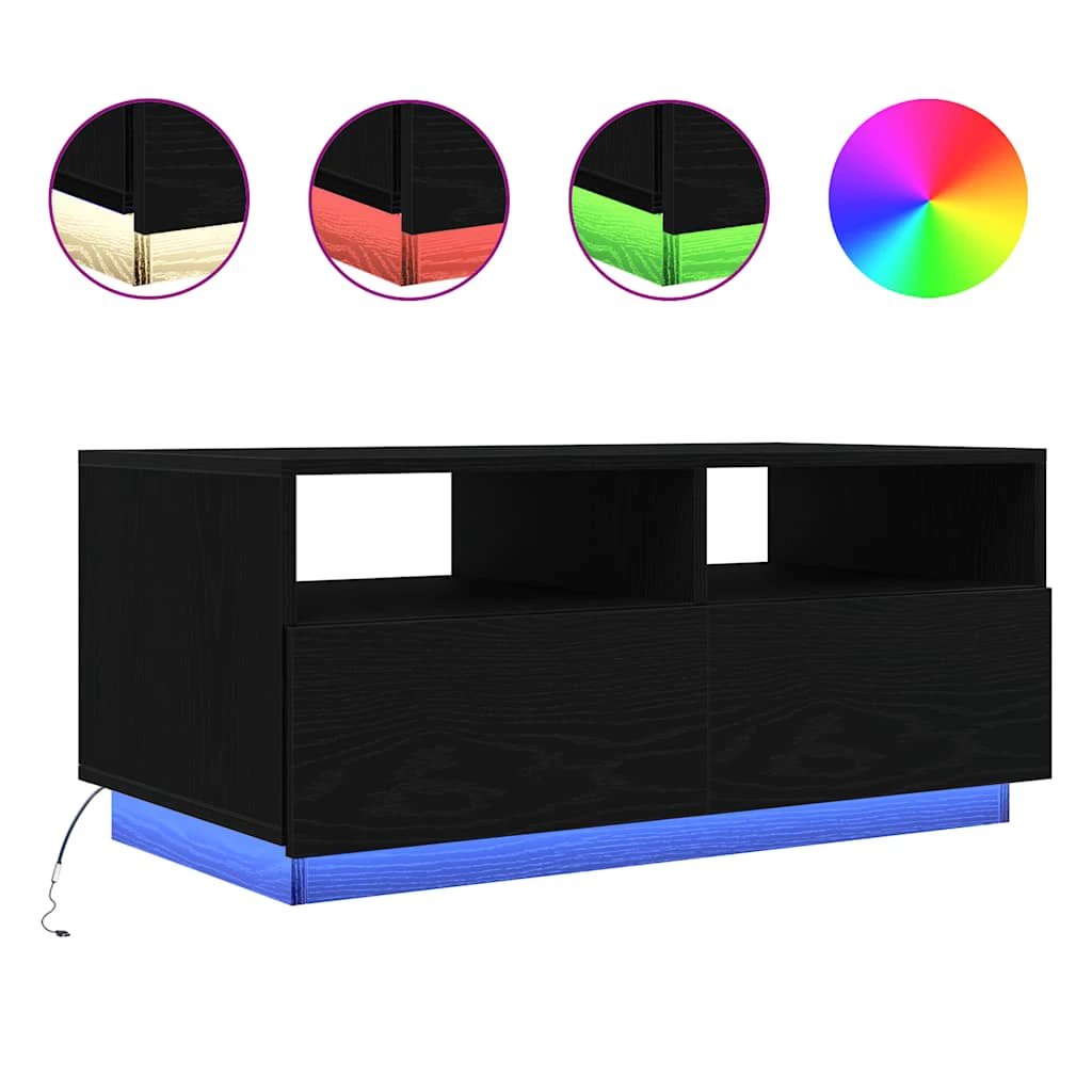 vidaXL VidaXL Coffee Table With LED Lights Black Oak 90x49x40 cm For Living Room Decor - Coffee Table
