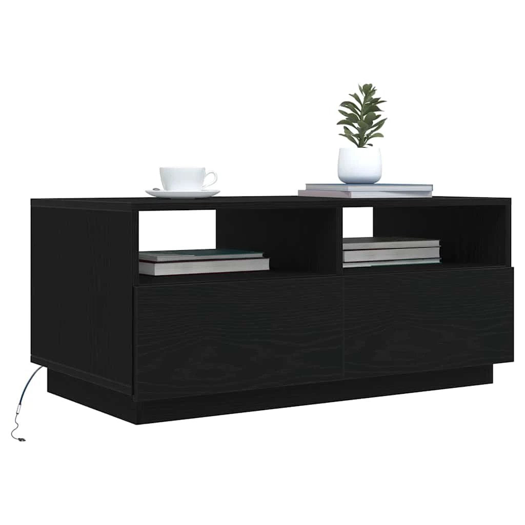 vidaXL VidaXL Coffee Table With LED Lights Black Oak 90x49x40 cm For Living Room Decor - Coffee Table