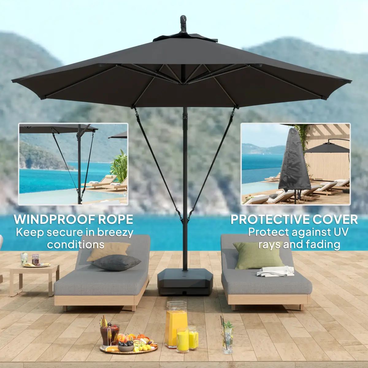 Outsunny Outsunny Garden Cantilever Parasol with Cover Weighted Base Wind Strap - Parasol
