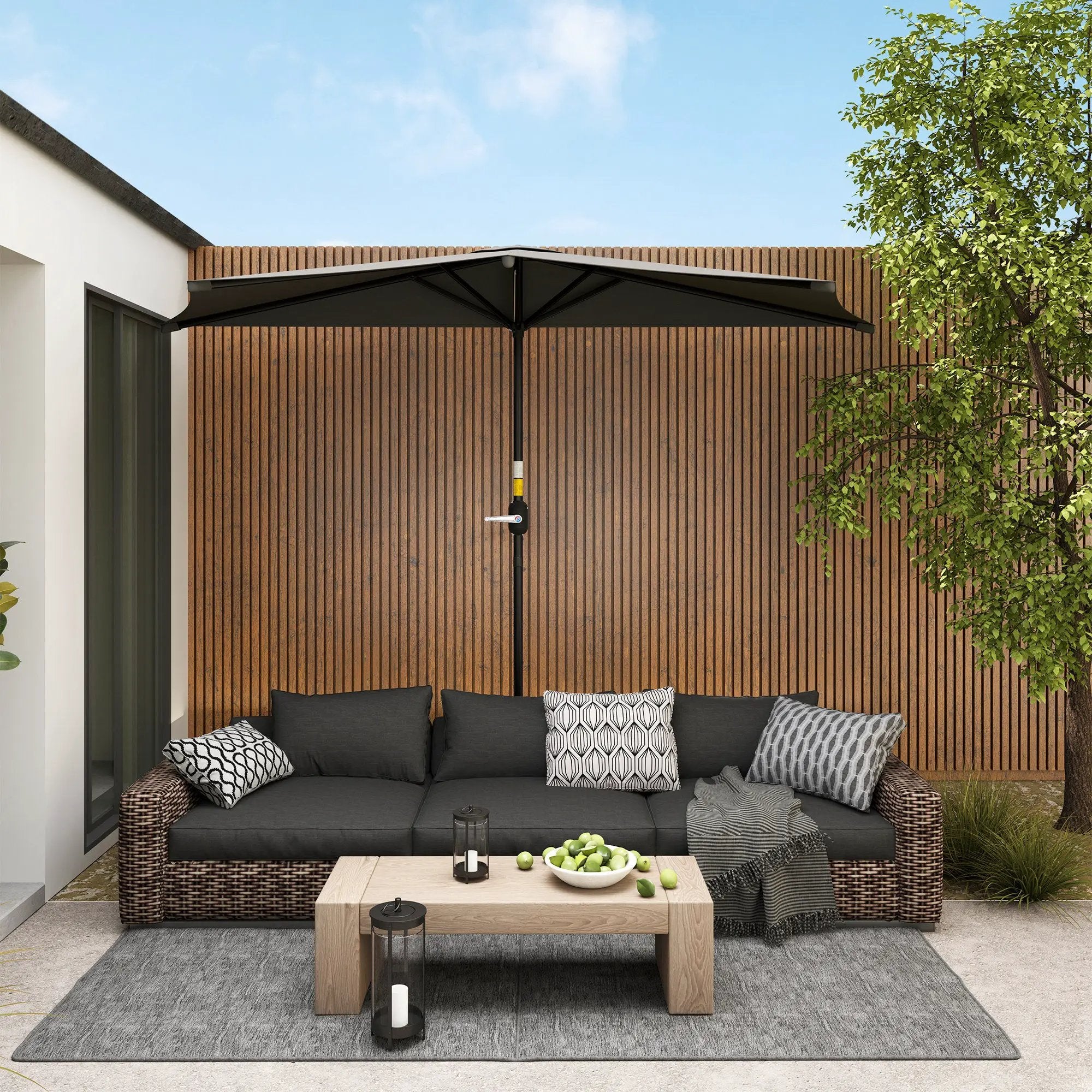 Outsunny Outsunny 3(m) Half Round Parasol Garden Sun Umbrella w/ Crank Dark Grey - Parasol