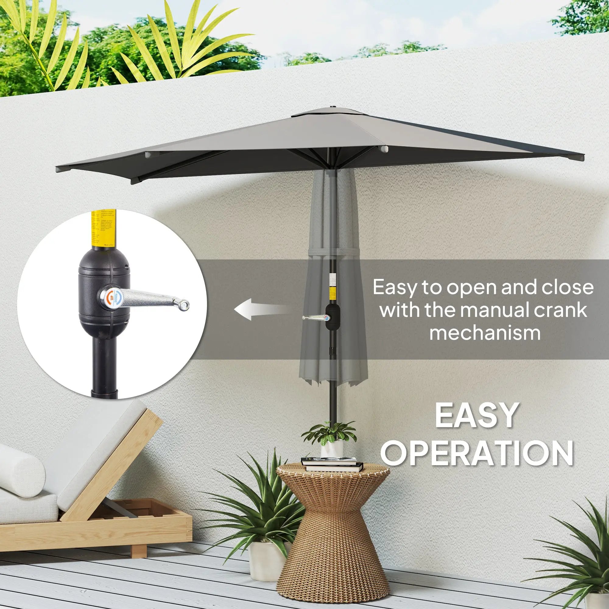 Outsunny Outsunny 3(m) Half Round Parasol Garden Sun Umbrella w/ Crank Dark Grey - Parasol