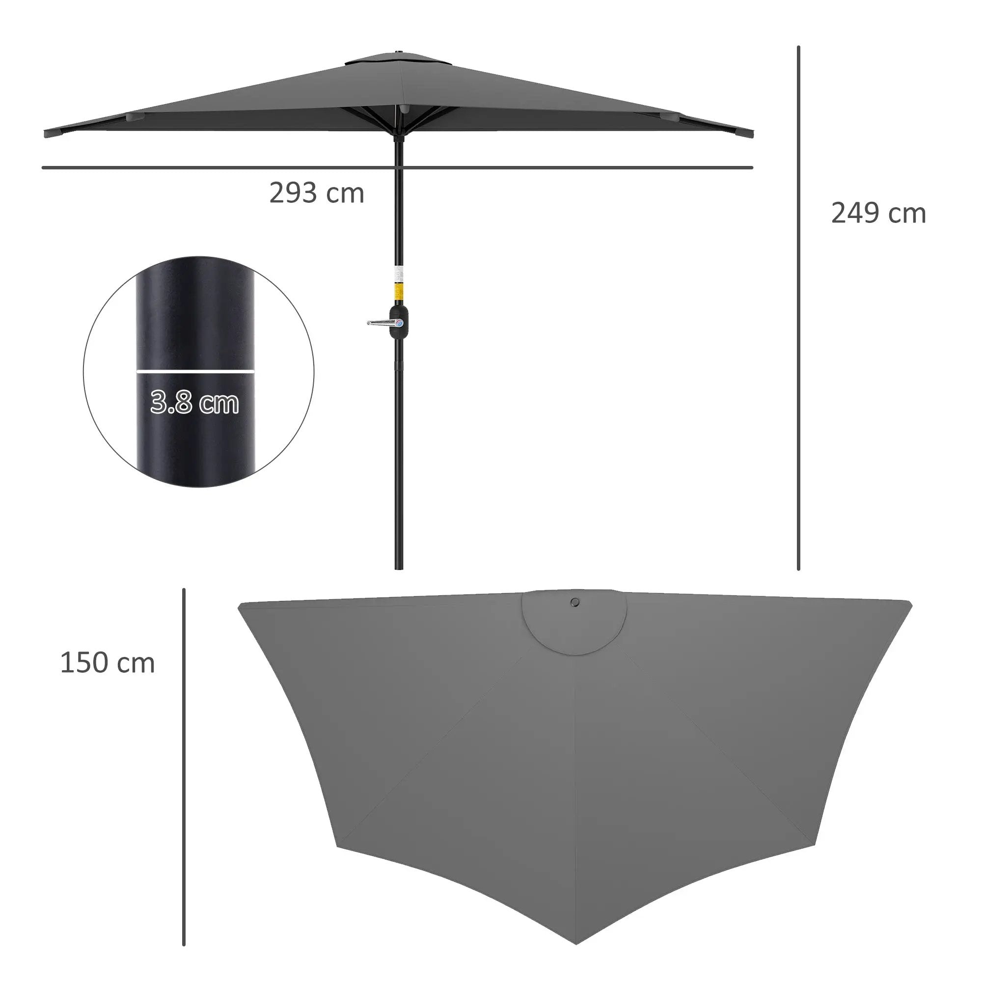 Outsunny Outsunny 3(m) Half Round Parasol Garden Sun Umbrella w/ Crank Dark Grey - Parasol