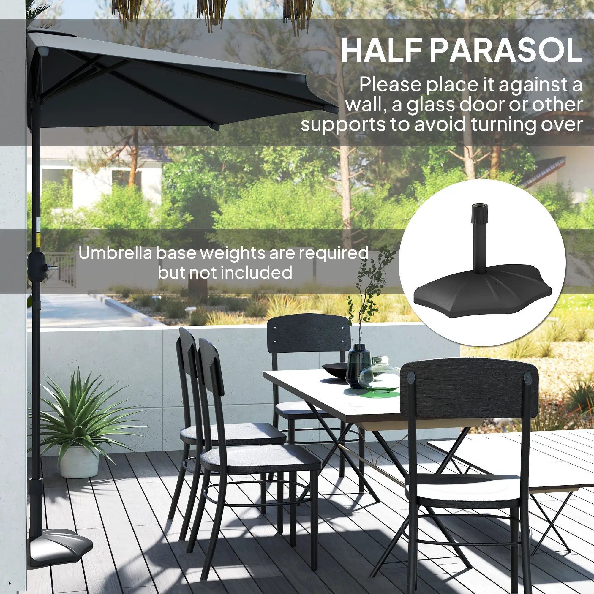 Outsunny Outsunny 3(m) Half Round Parasol Garden Sun Umbrella w/ Crank Dark Grey - Parasol
