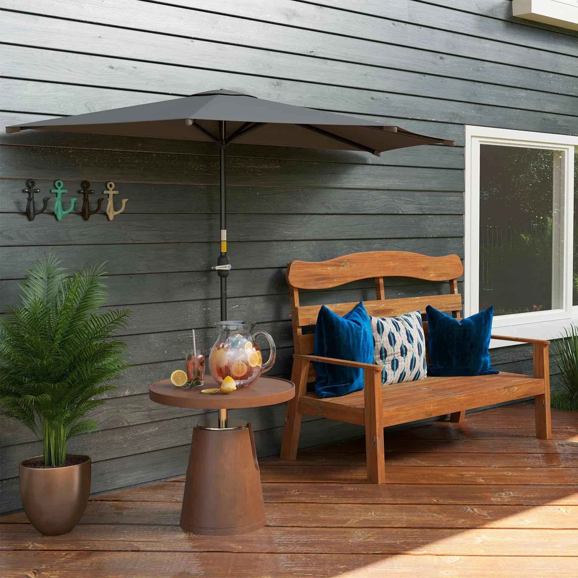 Outsunny Outsunny 3(m) Half Round Parasol Garden Sun Umbrella w/ Crank Dark Grey - Parasol