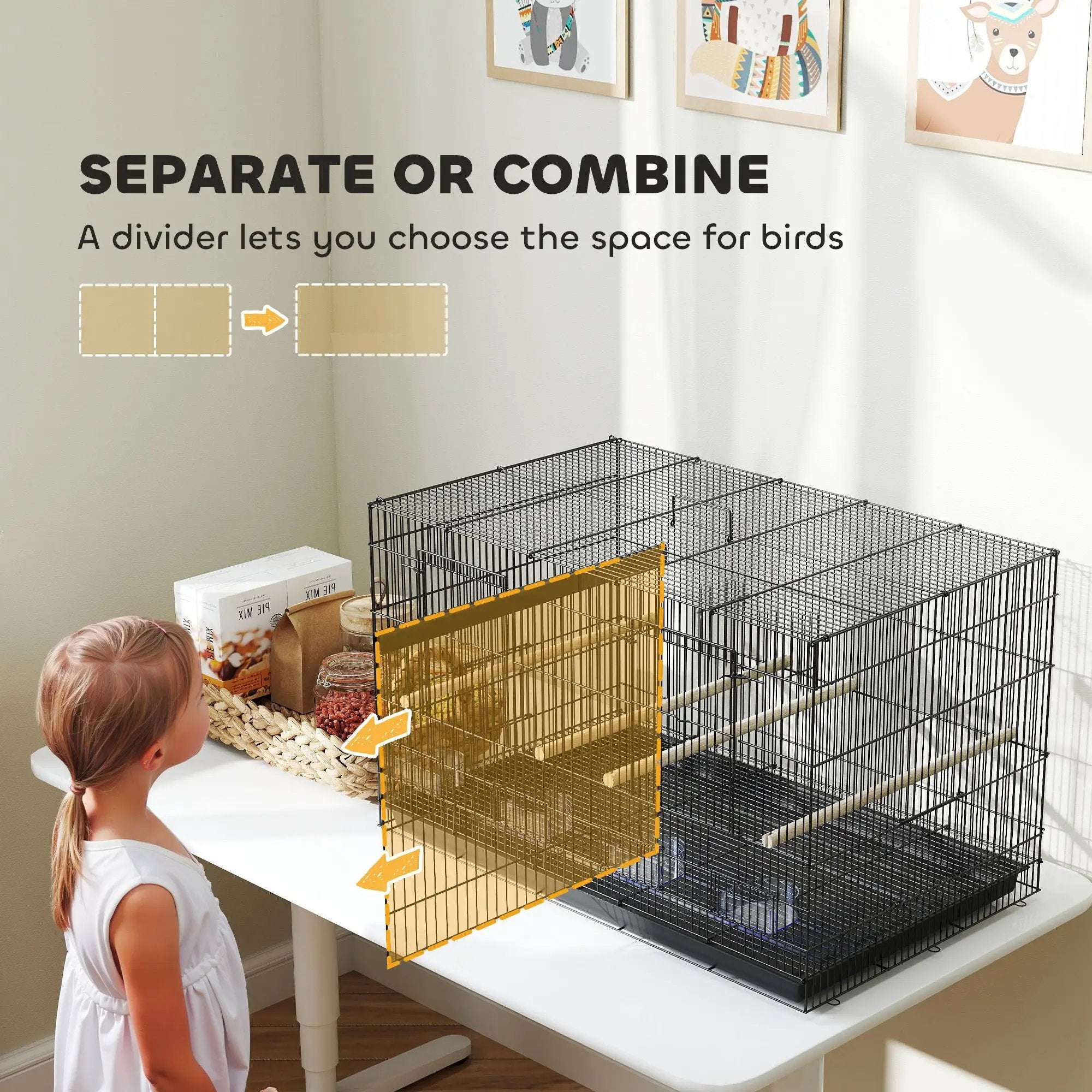 PawHut PawHut Bird Cage with Divider, 4 Wooden Perches, Slide Out Tray, Black - Bird Cage