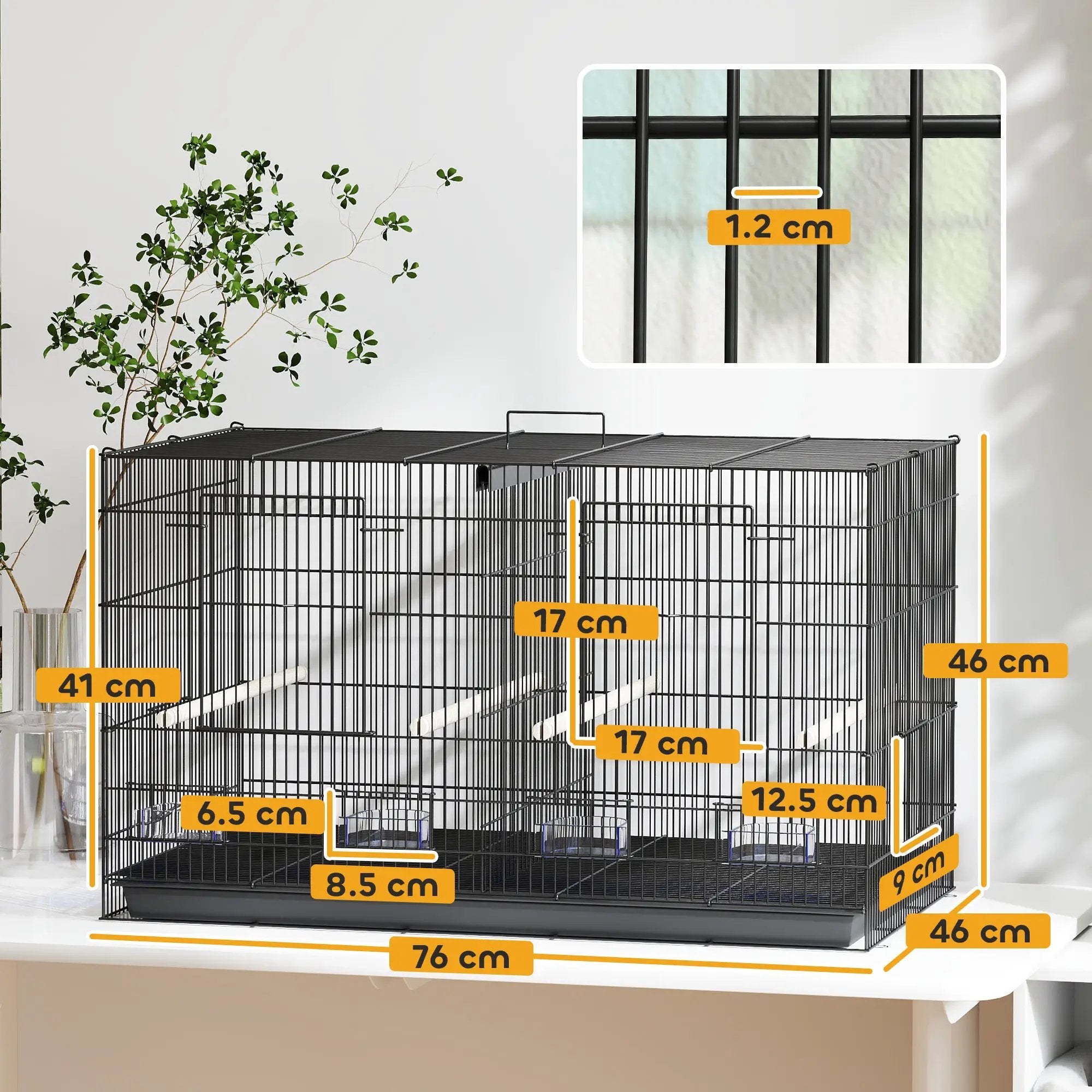 PawHut PawHut Bird Cage with Divider, 4 Wooden Perches, Slide Out Tray, Black - Bird Cage