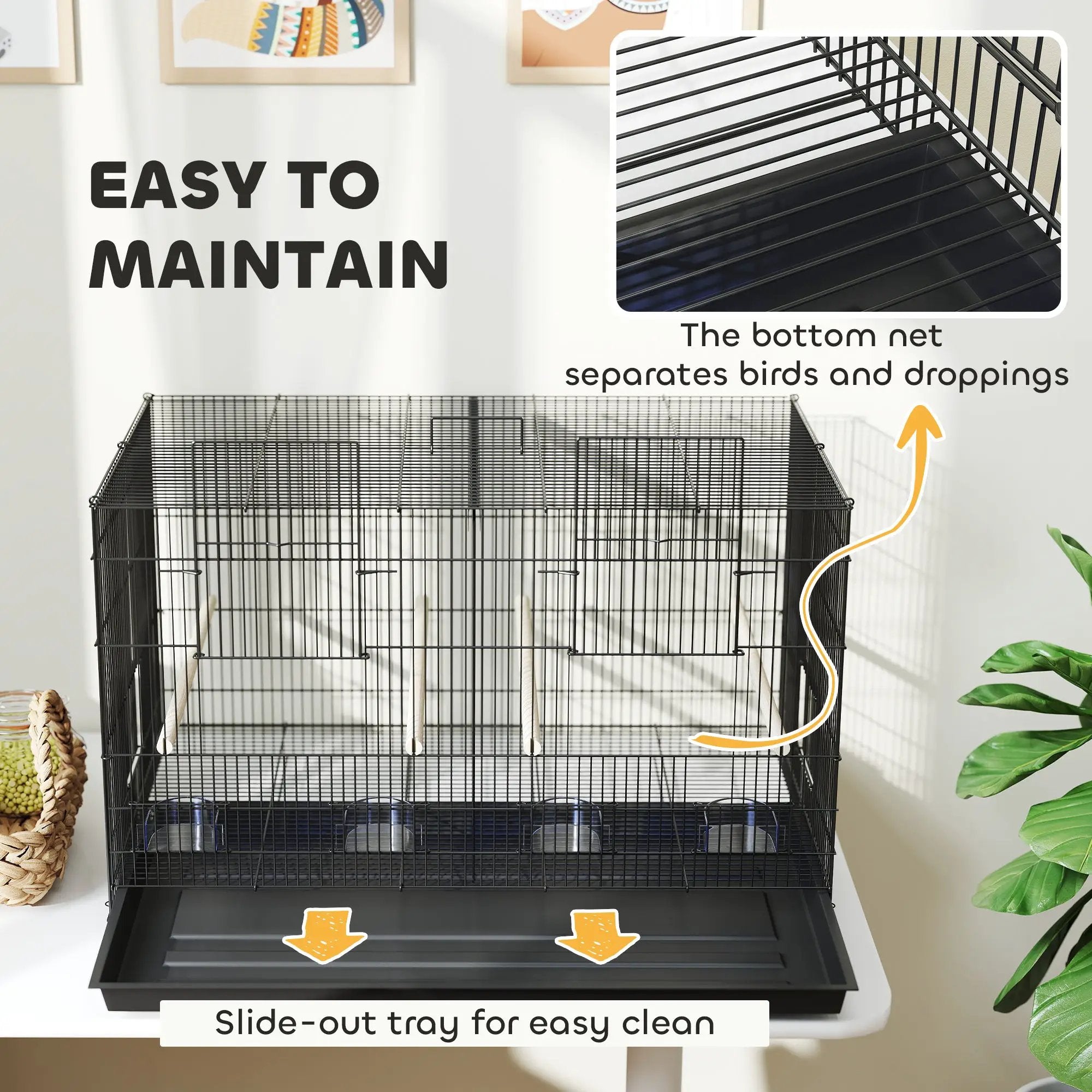 PawHut PawHut Bird Cage with Divider, 4 Wooden Perches, Slide Out Tray, Black - Bird Cage