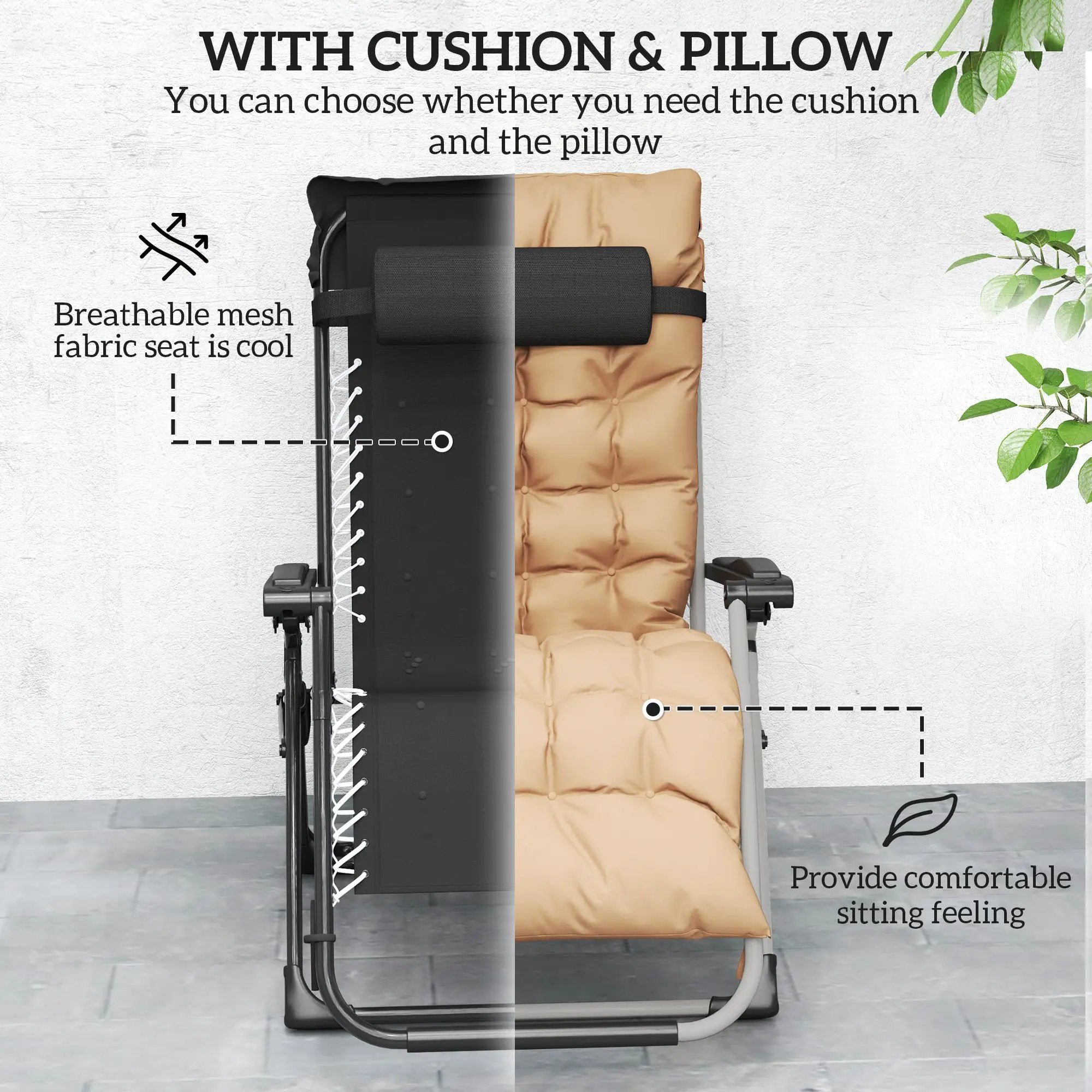 Outsunny Outsunny 2 PCS Reclining Zero Gravity Chair Folding Lounger Cushion Khaki - Sun Lounger