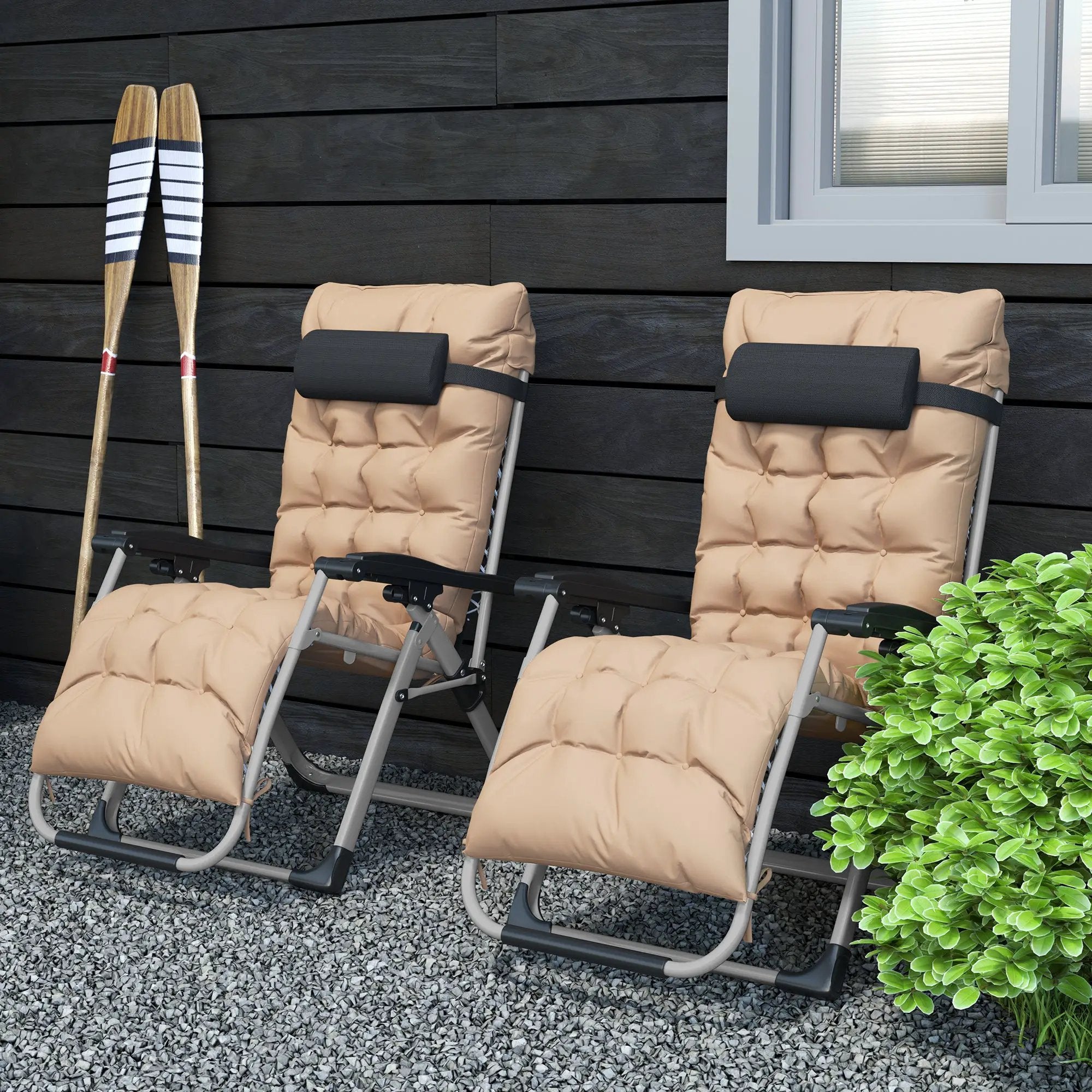 Outsunny Outsunny 2 PCS Reclining Zero Gravity Chair Folding Lounger Cushion Khaki - Sun Lounger