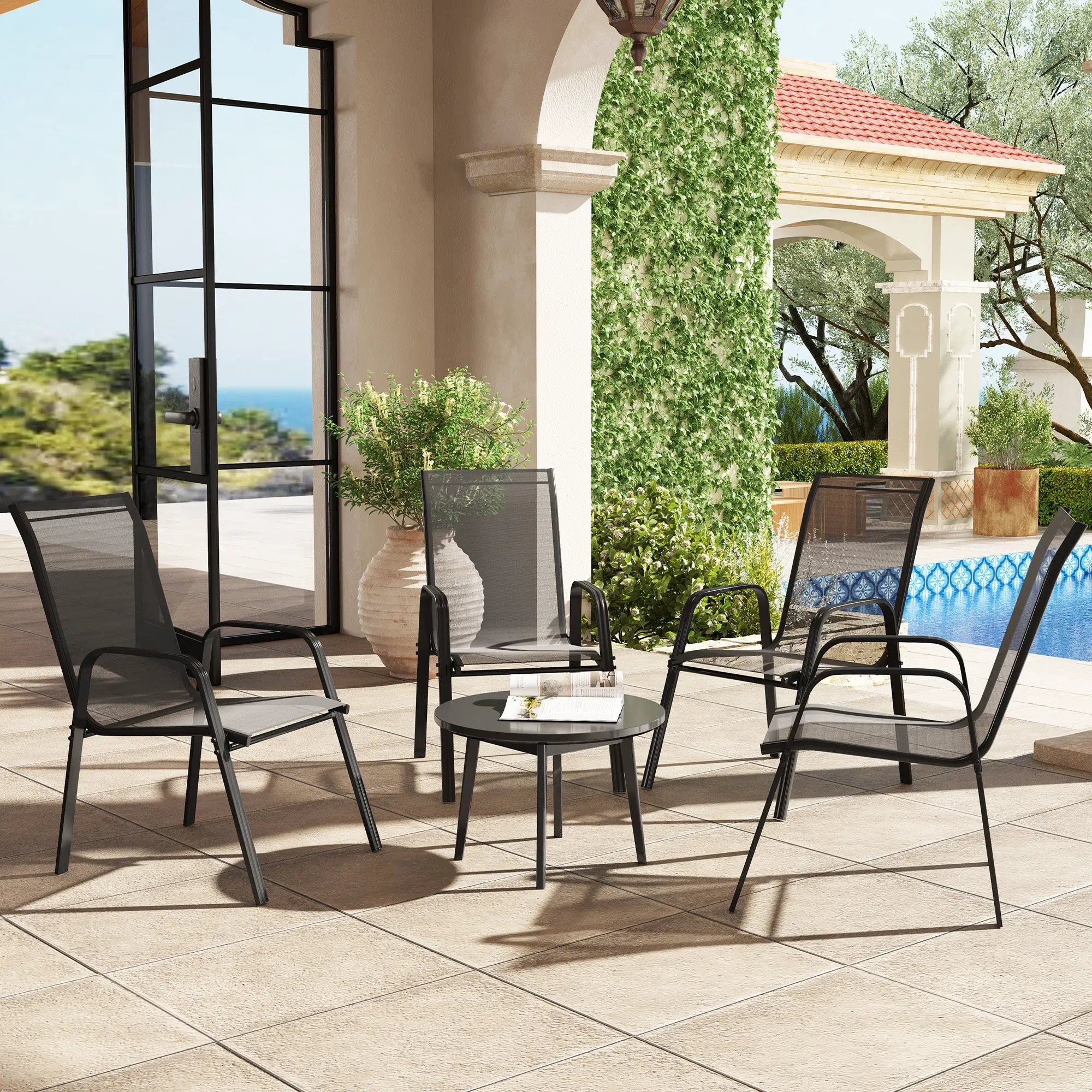 Outsunny Outsunny Set of 4 Garden Dining Chair Set Outdoor w/ High Back Armrest Black - Garden Chairs