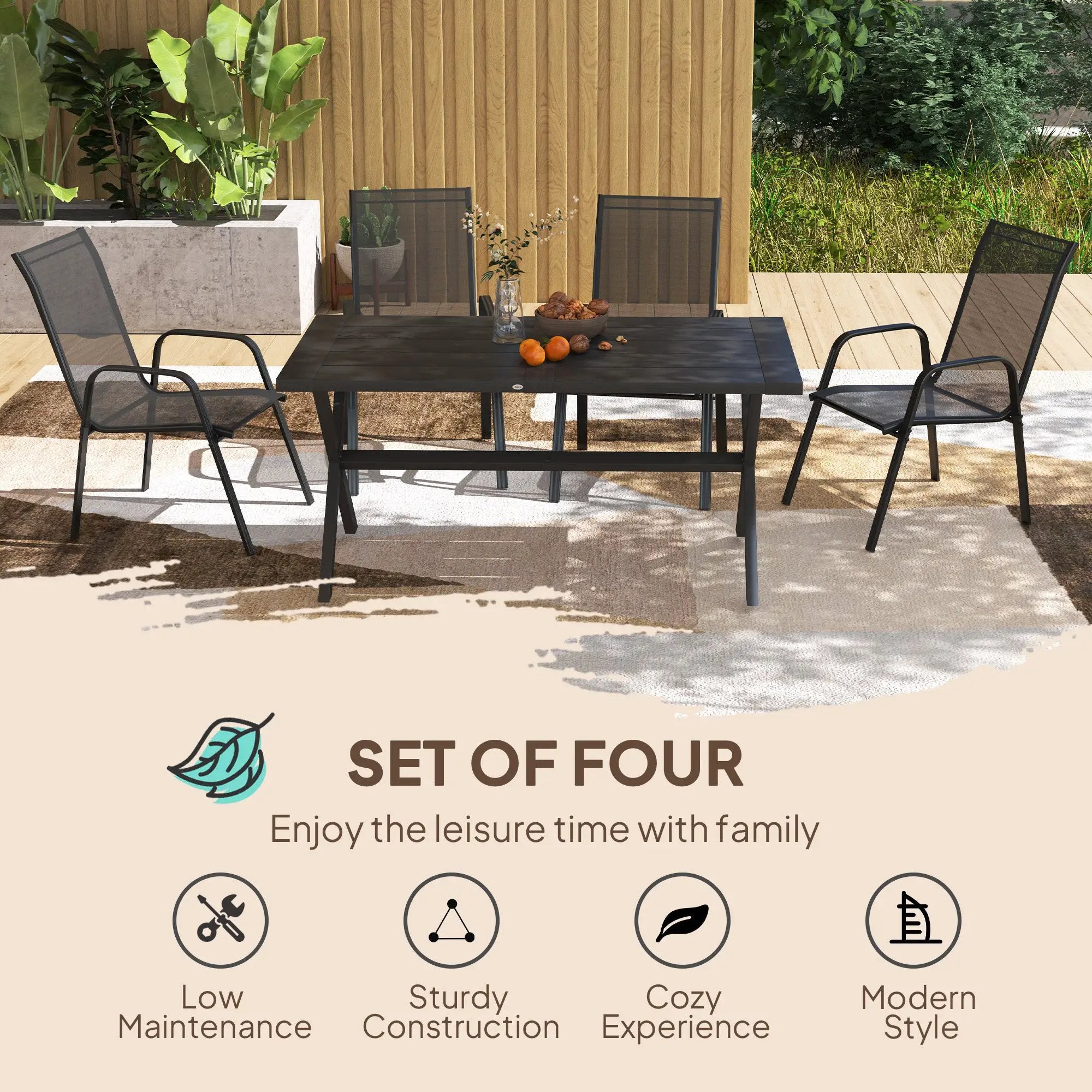 Outsunny Outsunny Set of 4 Garden Dining Chair Set Outdoor w/ High Back Armrest Black - Garden Chairs