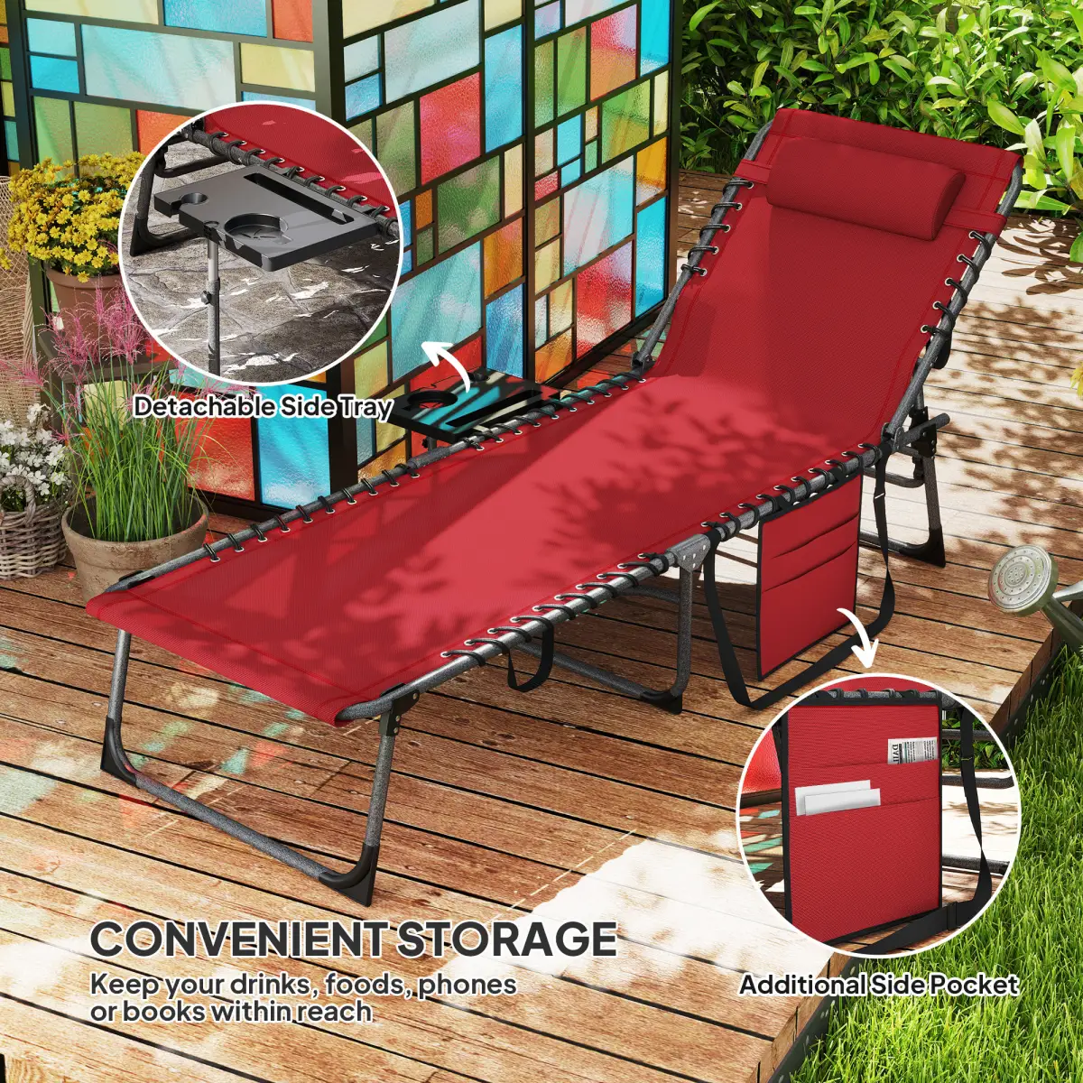 Outsunny Outsunny Folding Sun Lounger with 5-Level Reclining Back, Side Table - Sun Lounger