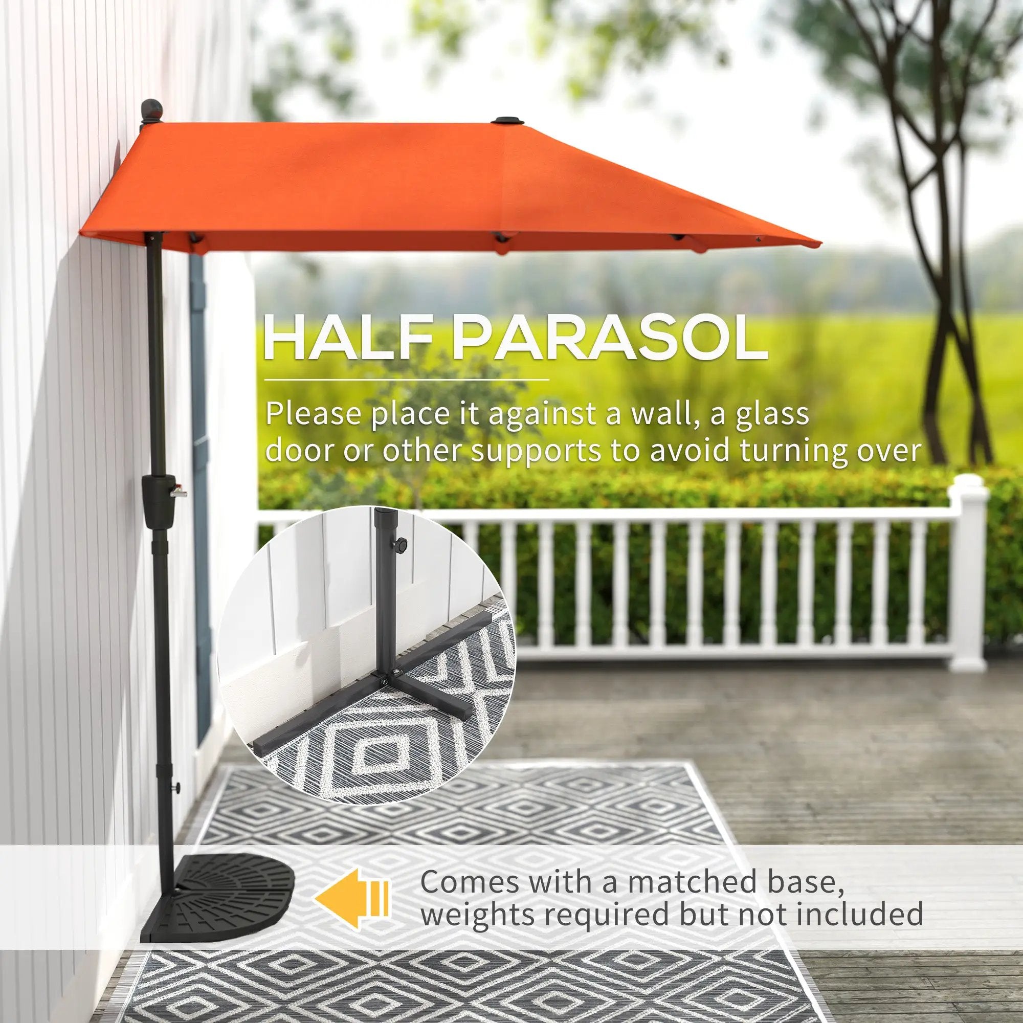 Outsunny Outsunny 2m Half Garden Parasol Market Umbrella w/ Crank Handle, Orange - Parasol