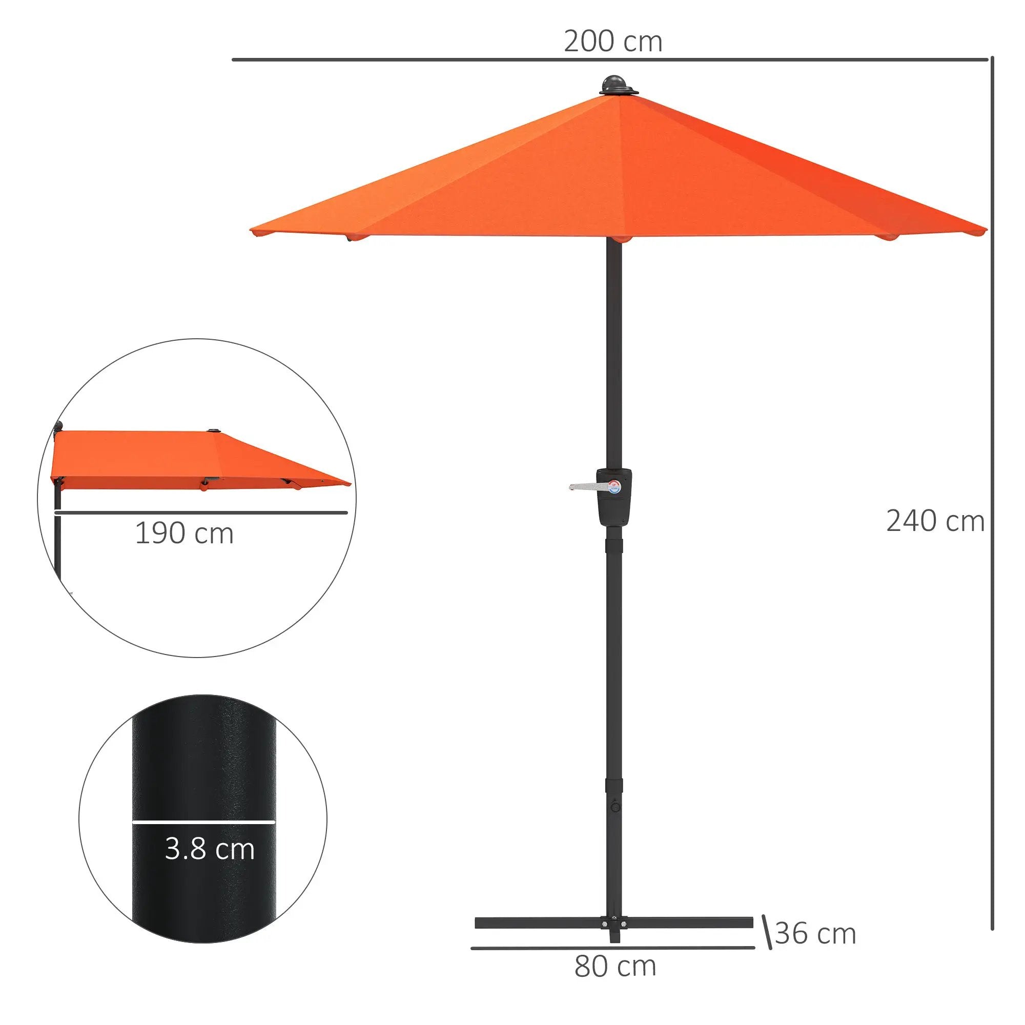 Outsunny Outsunny 2m Half Garden Parasol Market Umbrella w/ Crank Handle, Orange - Parasol