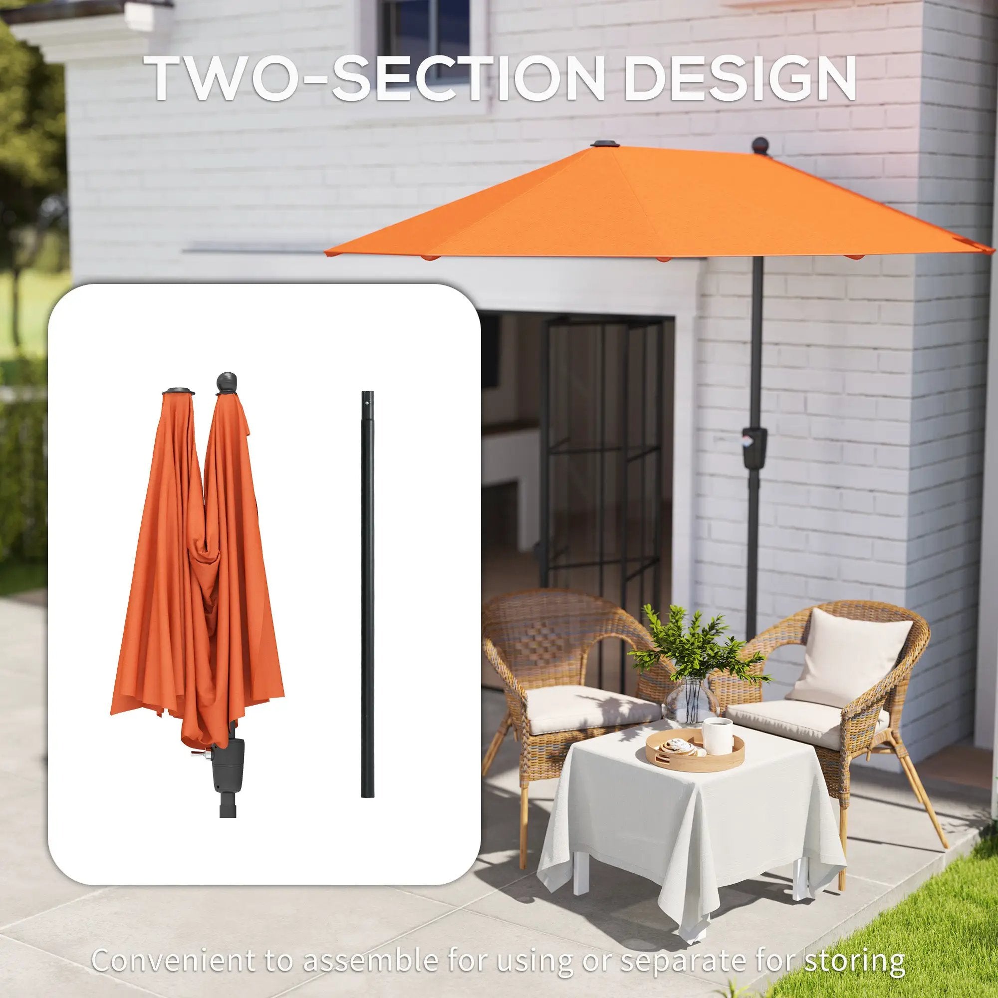Outsunny Outsunny 2m Half Garden Parasol Market Umbrella w/ Crank Handle, Orange - Parasol
