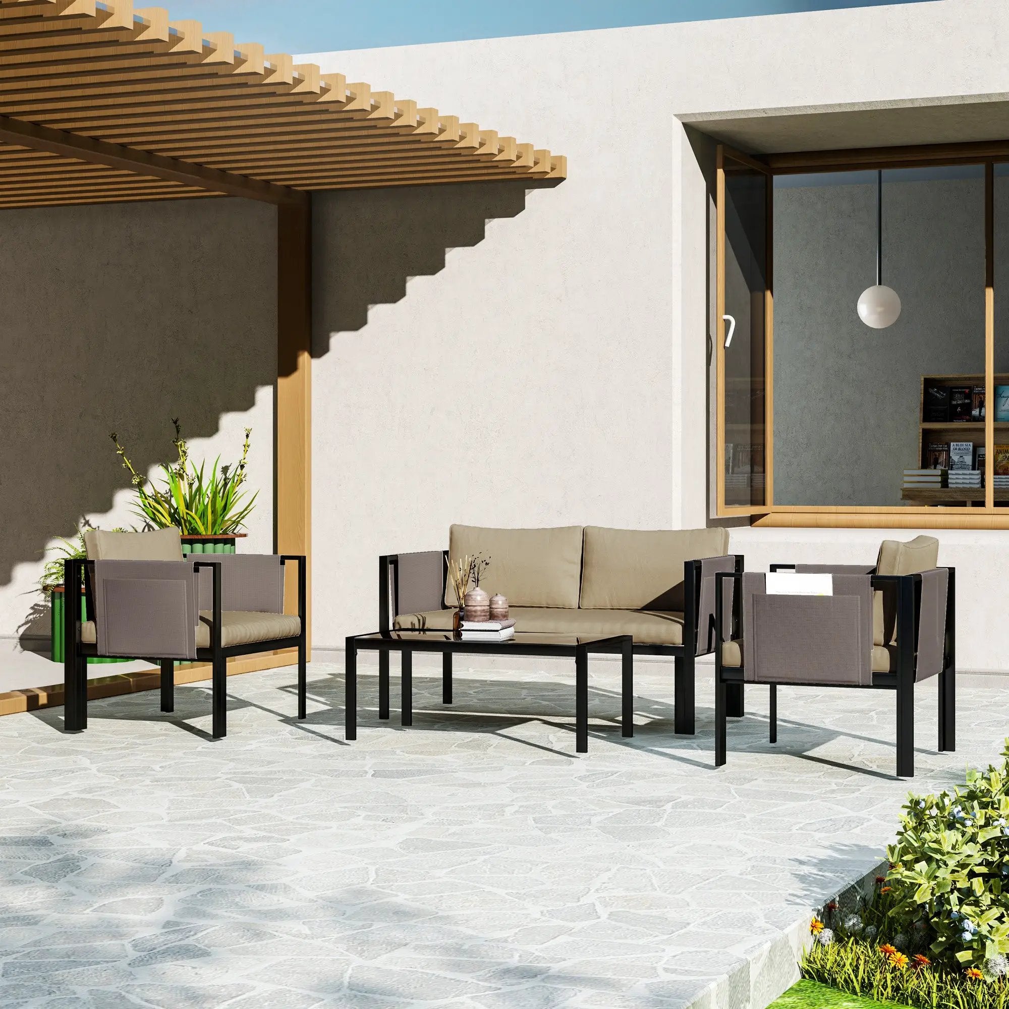 Outsunny Outsunny 4 Piece Garden Sofa Set w/ Tempered Glass Coffee Table Khaki - Garden Sofa Sets