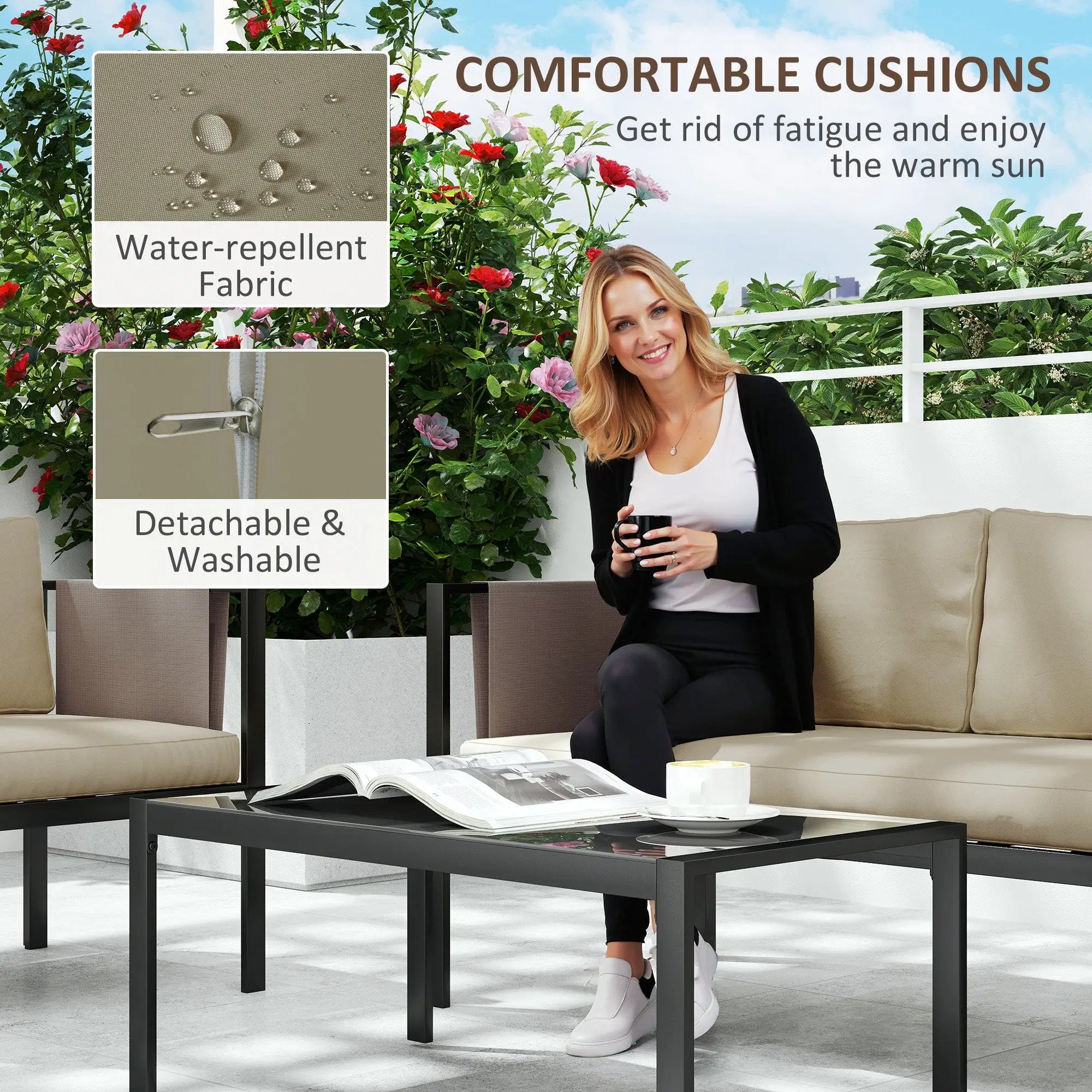Outsunny Outsunny 4 Piece Garden Sofa Set w/ Tempered Glass Coffee Table Khaki - Garden Sofa Sets