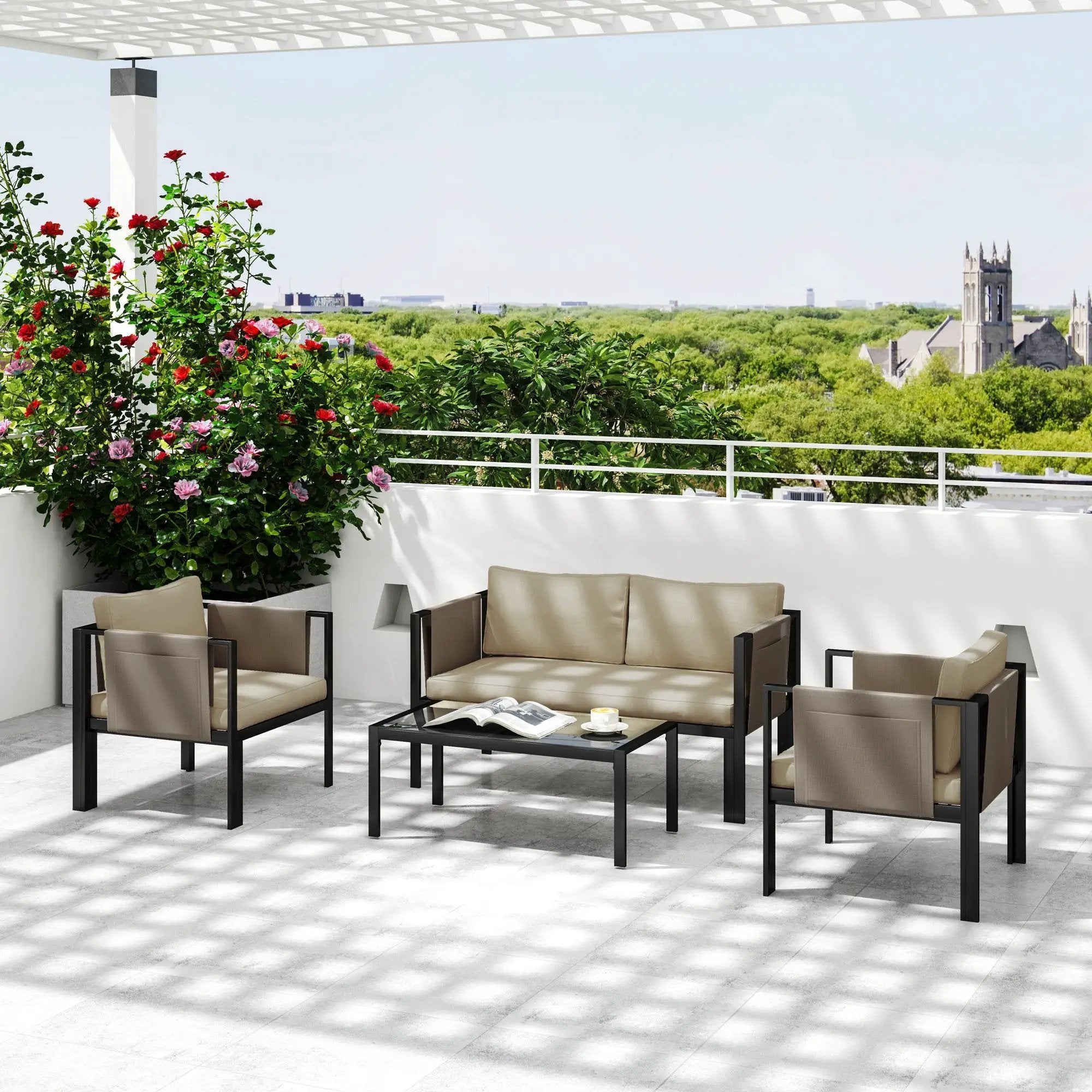 Outsunny Outsunny 4 Piece Garden Sofa Set w/ Tempered Glass Coffee Table Khaki - Garden Sofa Sets