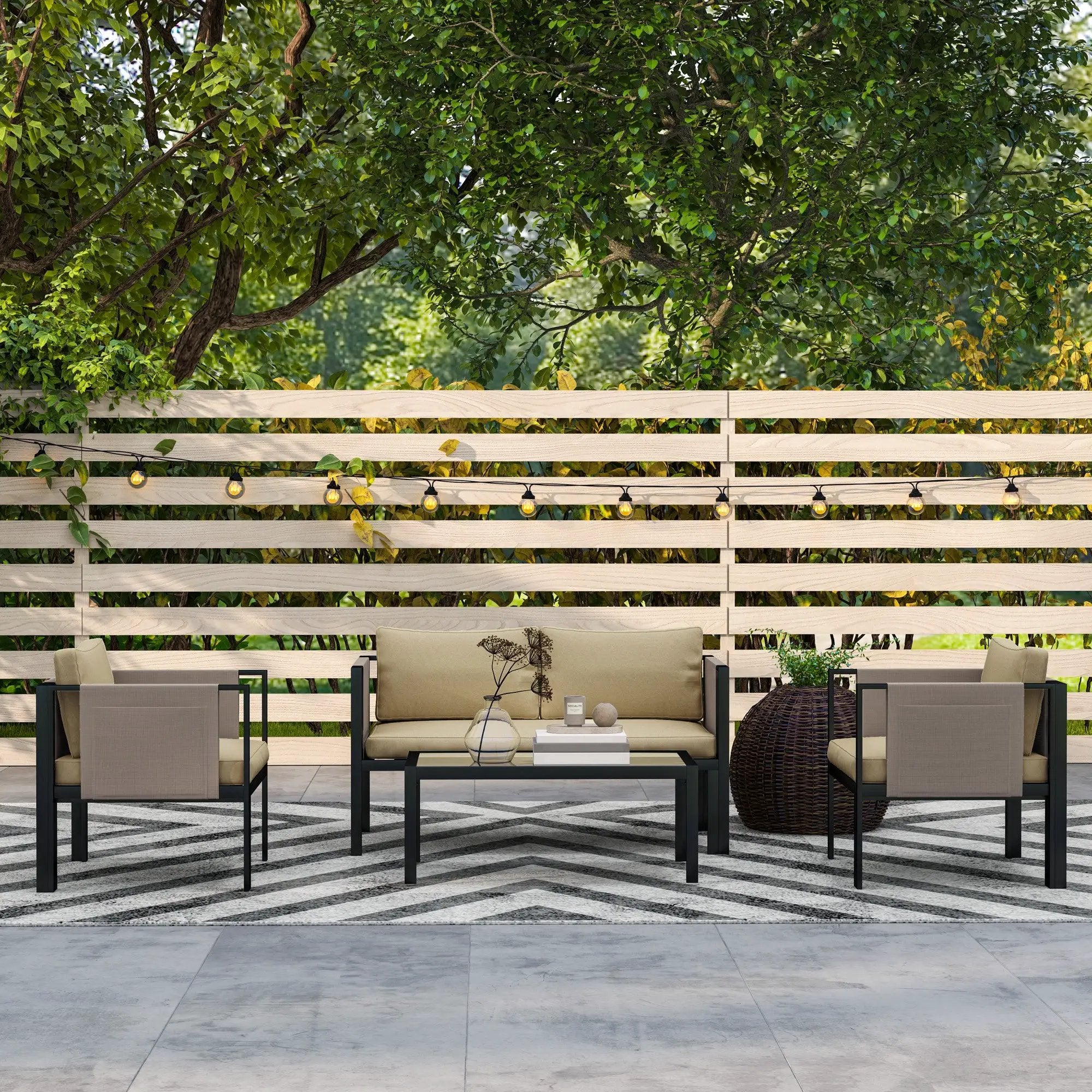 Outsunny Outsunny 4 Piece Garden Sofa Set w/ Tempered Glass Coffee Table Khaki - Garden Sofa Sets