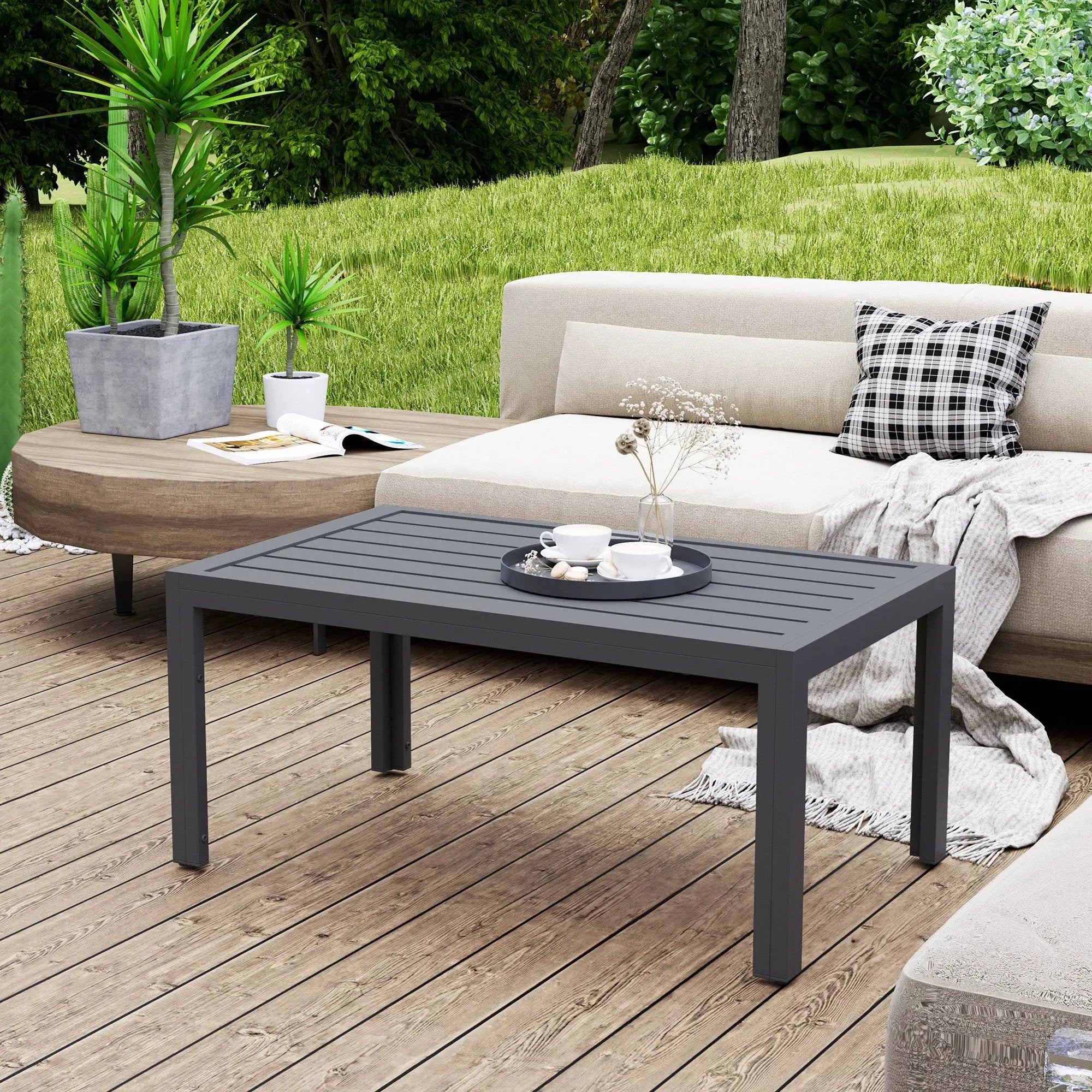 Outsunny Outsunny Outdoor Side Table Garden Table with Steel Frame and Slat Top Grey - Garden Table