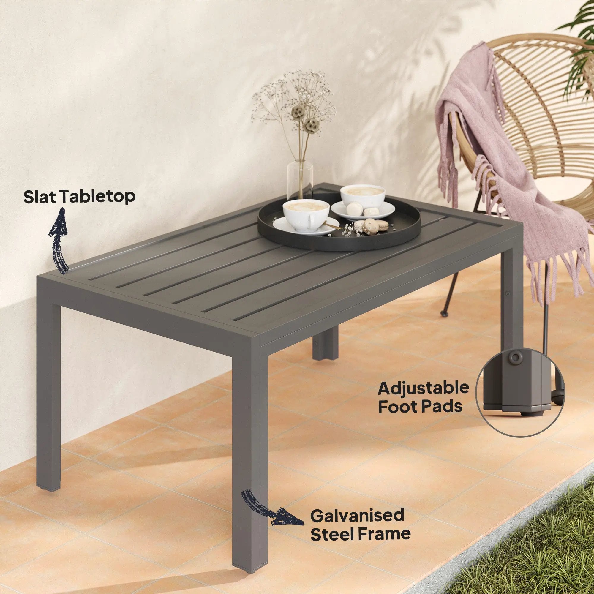 Outsunny Outsunny Outdoor Side Table Garden Table with Steel Frame and Slat Top Grey - Garden Table