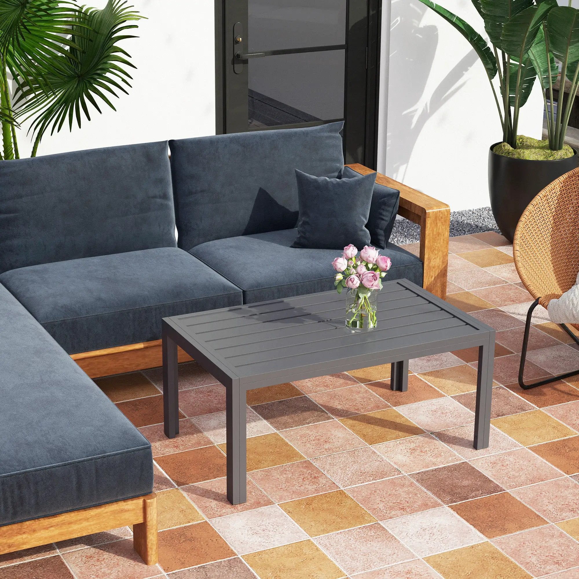 Outsunny Outsunny Outdoor Side Table Garden Table with Steel Frame and Slat Top Grey - Garden Table
