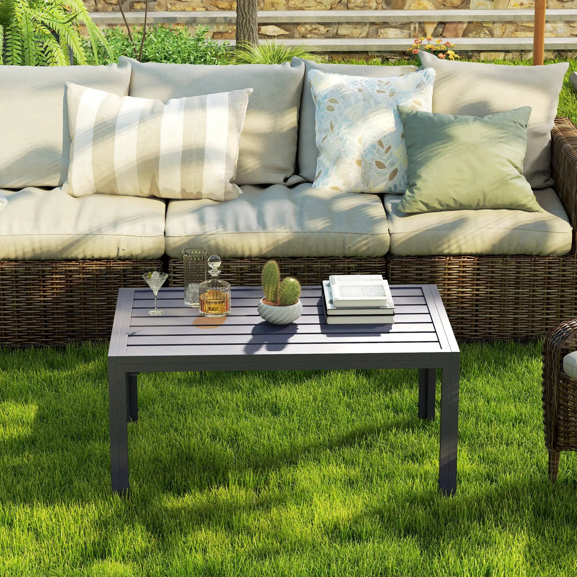 Outsunny Outsunny Outdoor Side Table Garden Table with Steel Frame and Slat Top Grey - Garden Table
