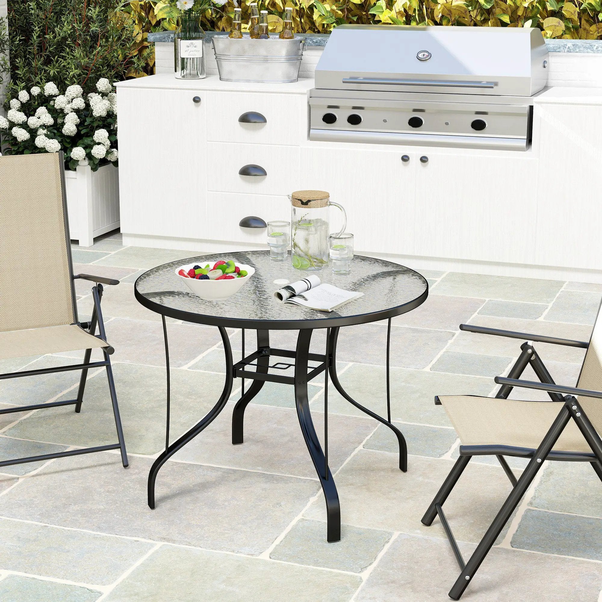 Outsunny Outsunny Outdoor Dining Table with Parasol Hole, Round, 96.5 x 96.5 x 71 cm - Garden Table