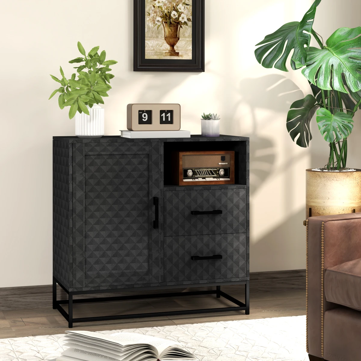 HOMCOM Storage Cabinet Medium Size With Adjustable Shelf Open Compartment And Two Drawers For Home Organization - Chest of Drawers