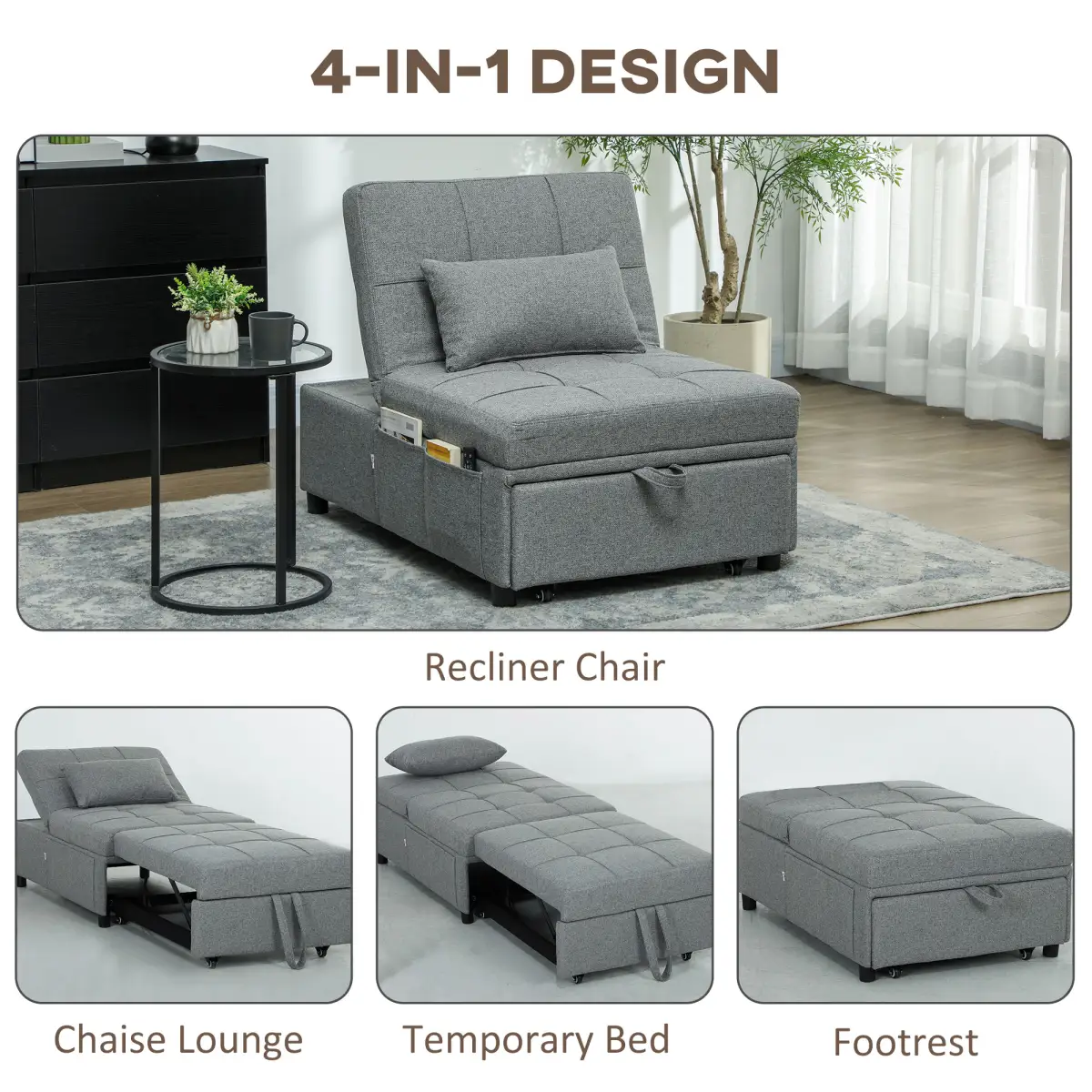 HOMCOM HOMCOM 4-in-1 Pull Out Sleeper Chair Bed with Pockets - Sofa Bed