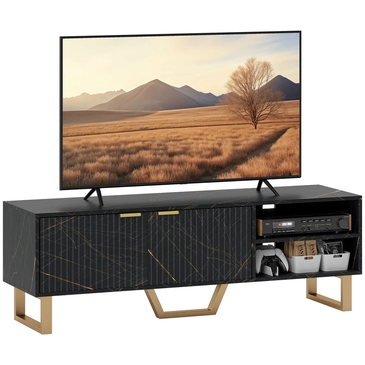 HOMCOM Stylish TV Stand Large Fluted Doors For Living Room - TV Unit