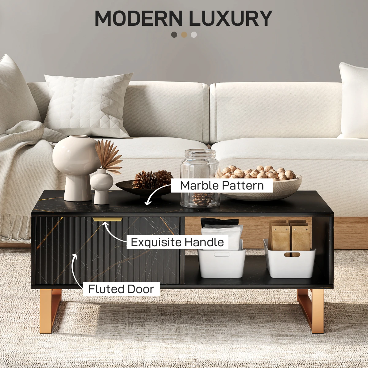 HOMCOM HOMCOM Marble Pattern Coffee Table With Fluted Drawer And Open Shelves Gold Accents For Living Room - Coffee Table