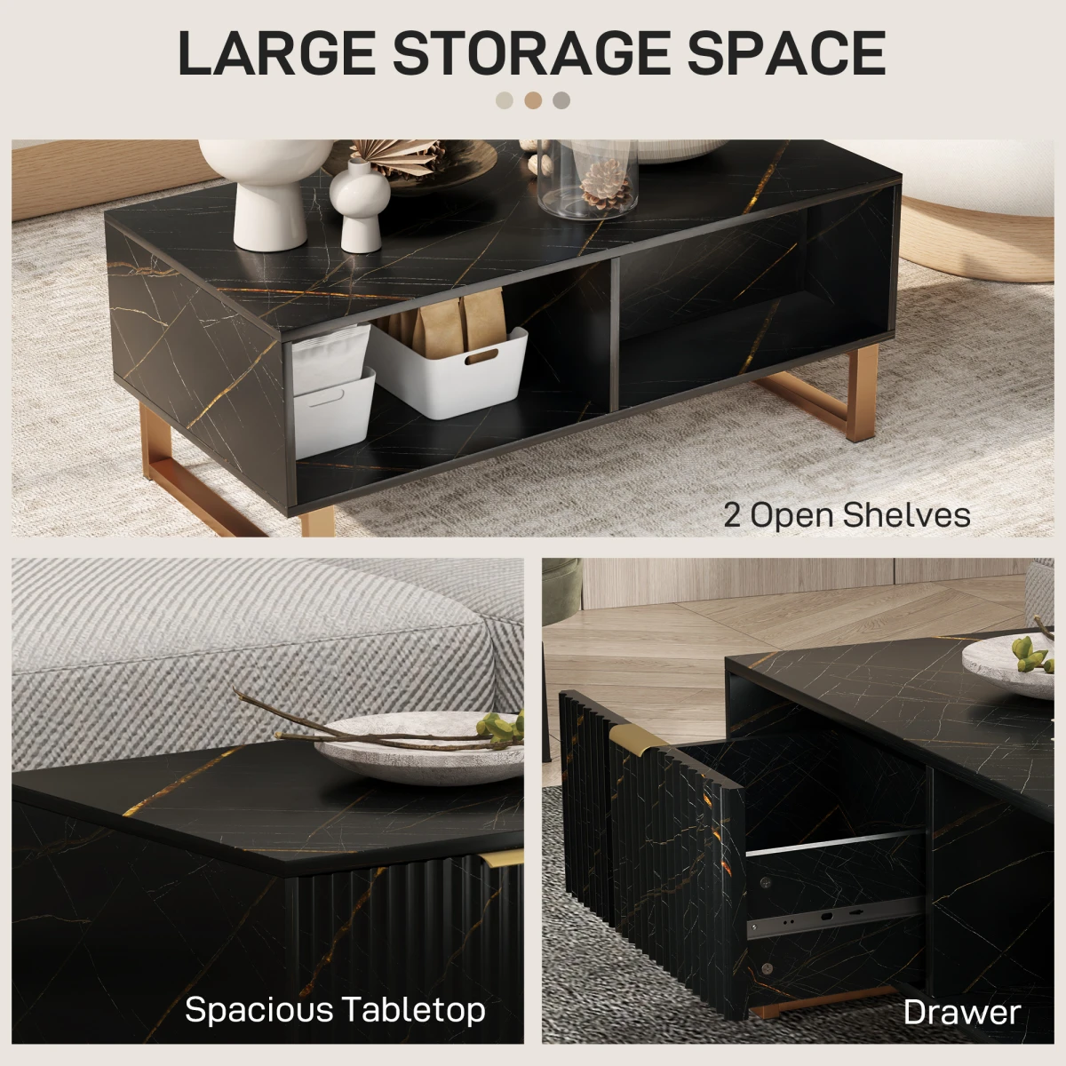 HOMCOM HOMCOM Marble Pattern Coffee Table With Fluted Drawer And Open Shelves Gold Accents For Living Room - Coffee Table