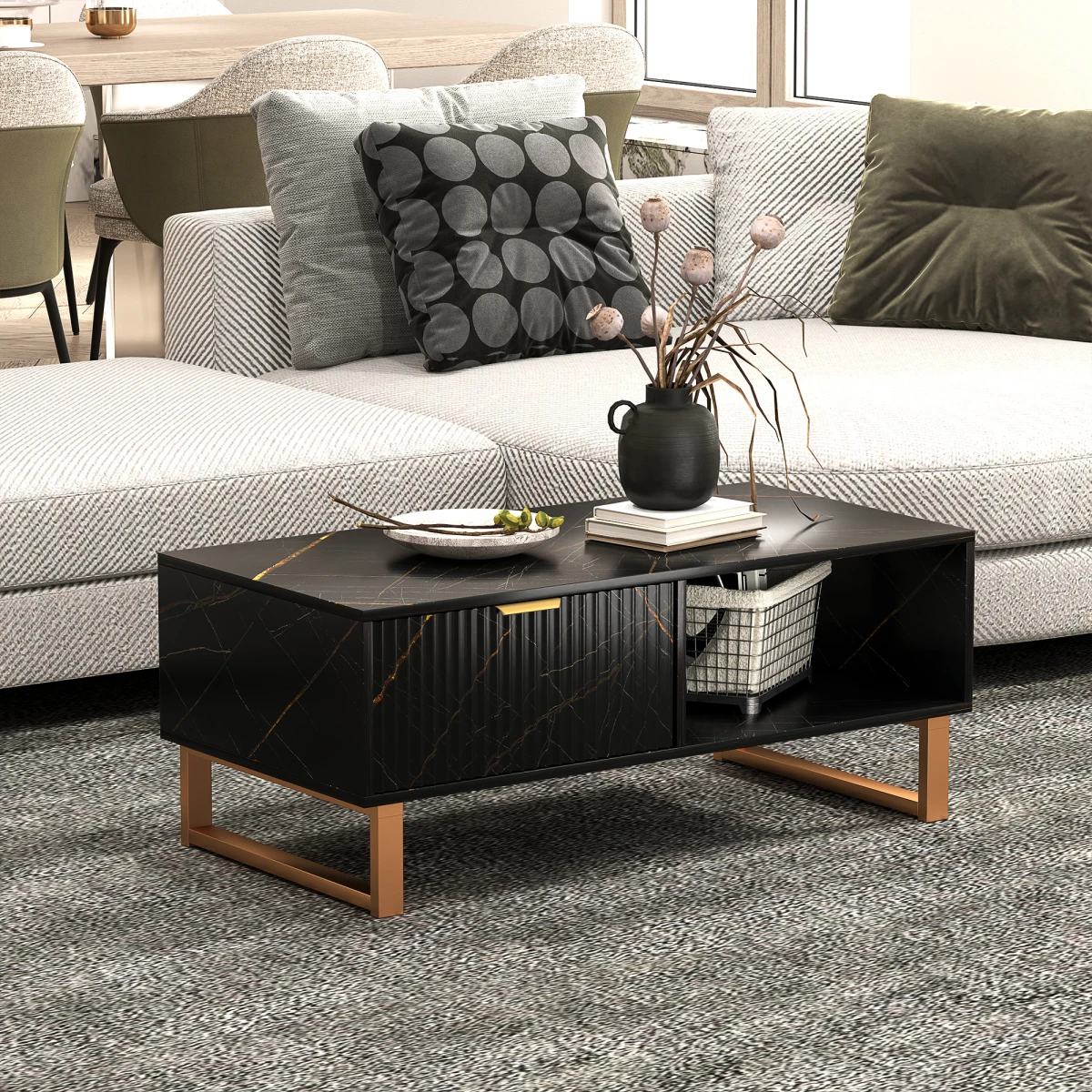 HOMCOM HOMCOM Marble Pattern Coffee Table With Fluted Drawer And Open Shelves Gold Accents For Living Room - Coffee Table