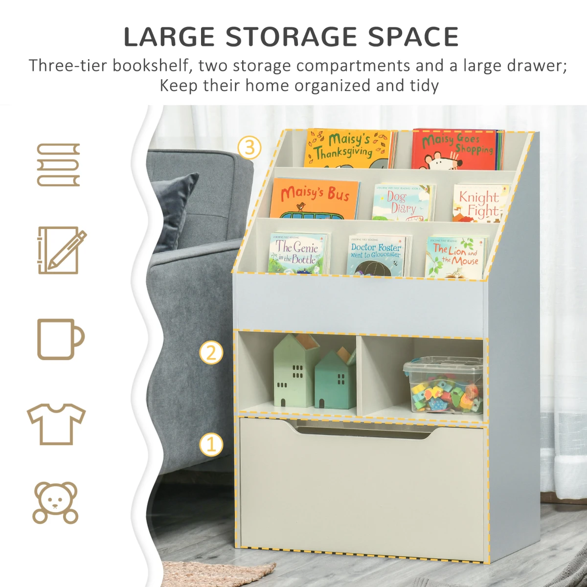 HOMCOM Kids Bookcase Three Tier Toy Box Wheels by HOMCOM
