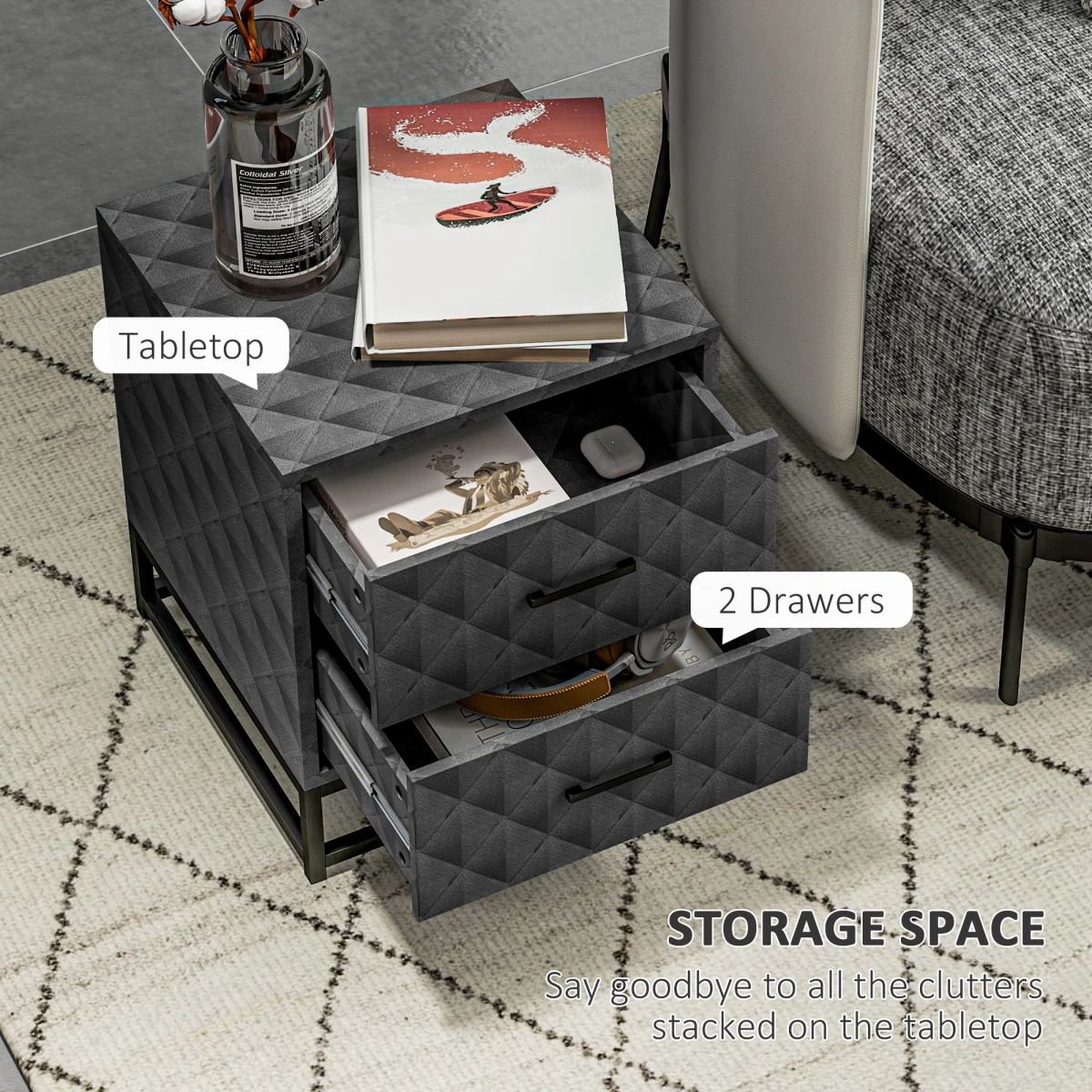 HOMCOM HOMCOM Nightstand Pair Diamond Pattern Drawers - Bedside Table