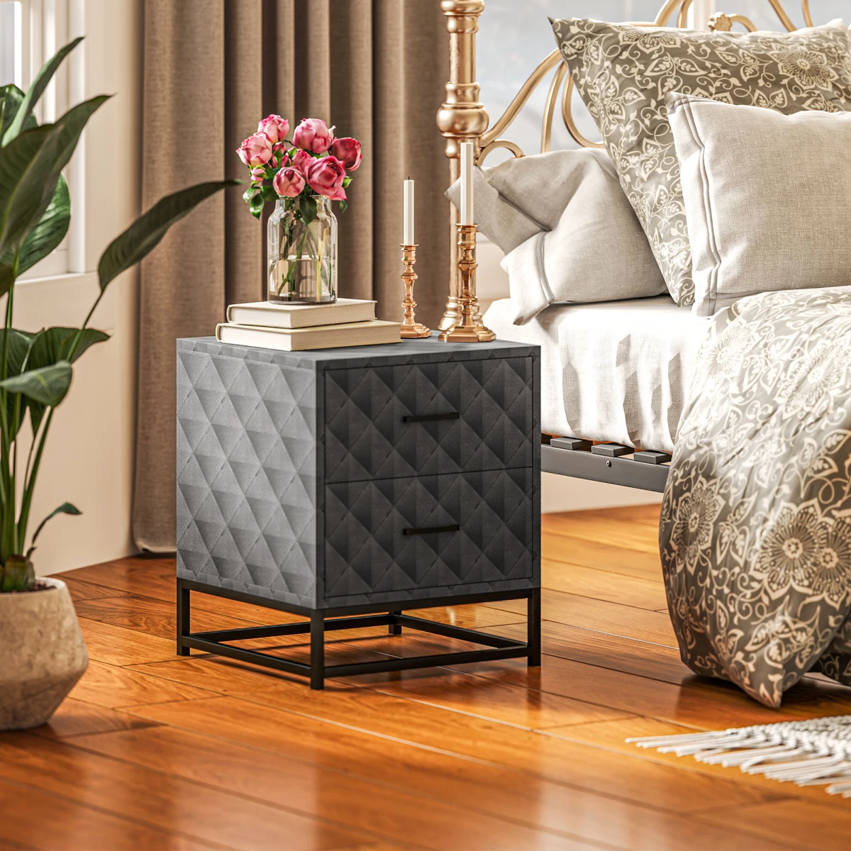HOMCOM Nightstand Pair Diamond Pattern Drawers by HOMCOM
