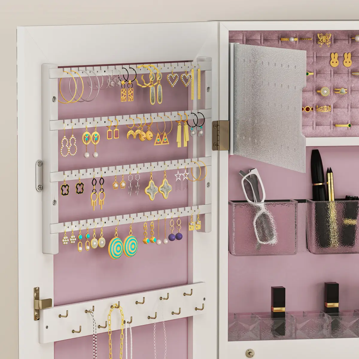 HOMCOM HOMCOM Door Hanging or Wall Mounted Jewellery Cabinet w/ Mirror Black Lining - Display Cabinet