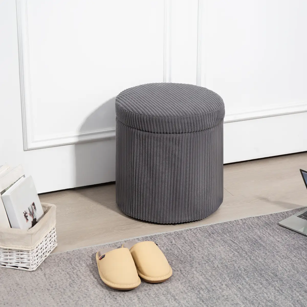 HOMCOM HOMCOM Round Storage Ottoman with Lid, Vanity Stool with Storage - Footstool