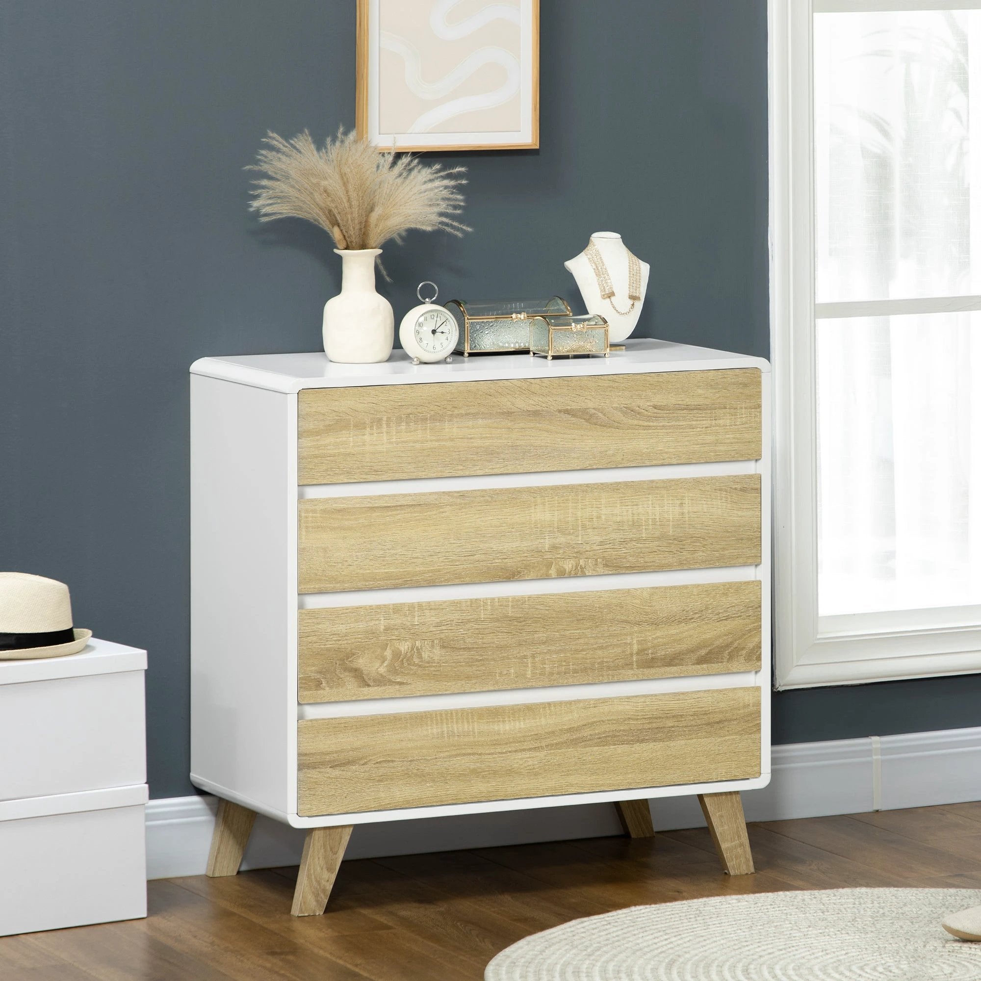 HOMCOM 4 Drawer Chest White With Wood Effect Fronts Bedroom Storage Organizer Anti Tip Straps - Chest of Drawers
