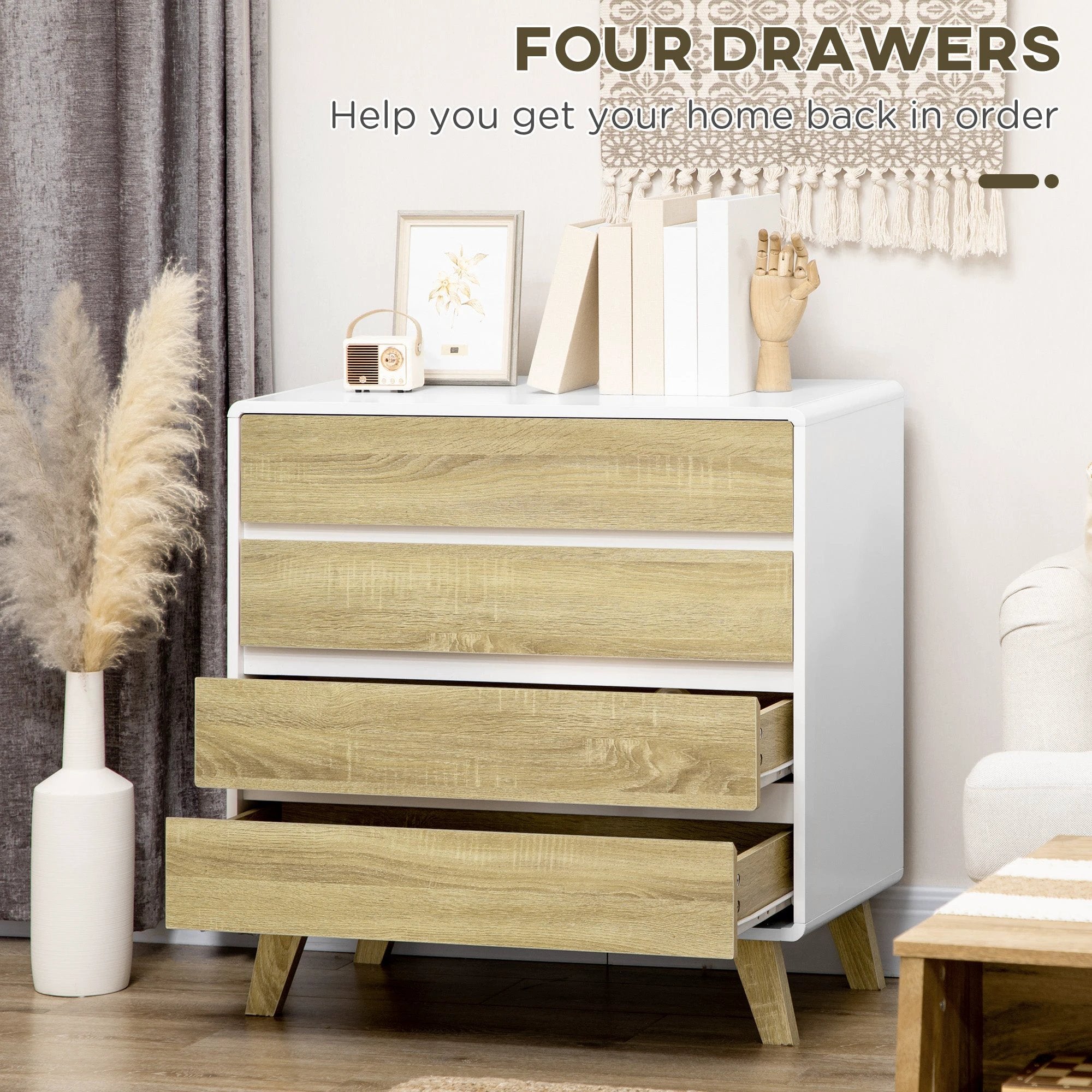 HOMCOM 4 Drawer Chest White With Wood Effect Fronts Bedroom Storage Organizer Anti Tip Straps - Chest of Drawers