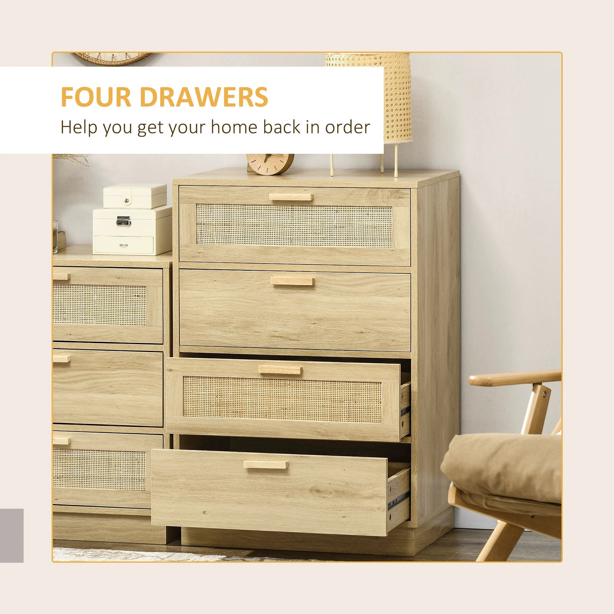 HOMCOM Four Drawer Dresser With Rattan Panels Natural Boho Style Bedroom Storage - Chest of Drawers