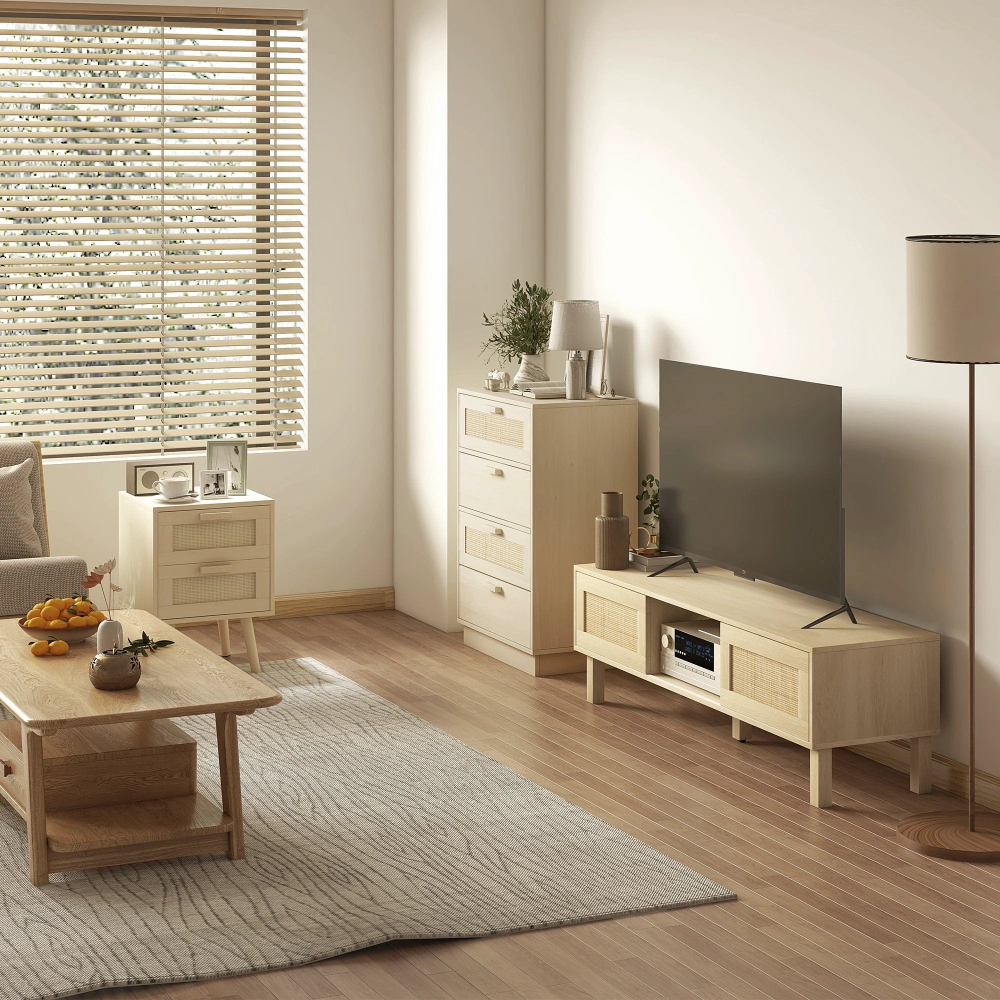 HOMCOM Four Drawer Dresser With Rattan Panels Natural Boho Style Bedroom Storage - Chest of Drawers