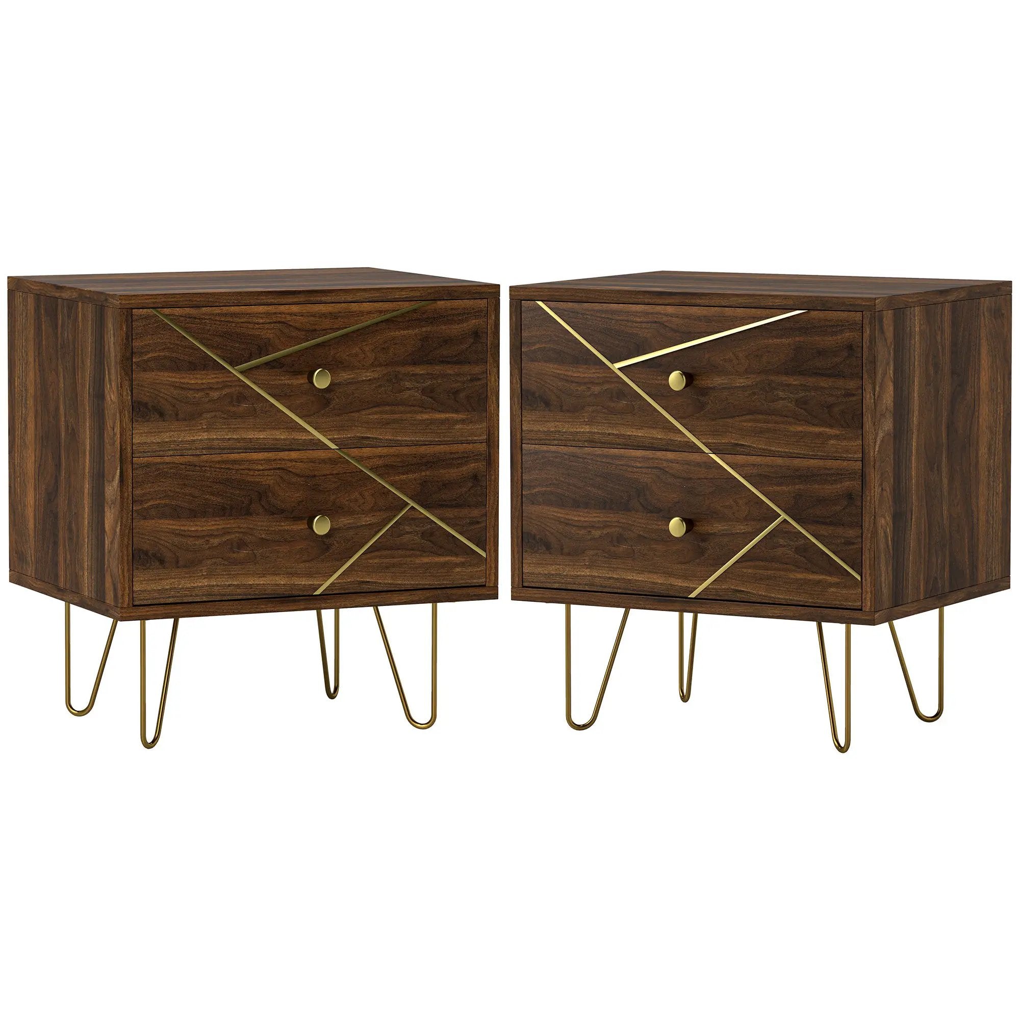 HOMCOM HOMCOM Bedside Tables Set of 2, Modern Side Table Set with 2 Drawers, Brown - Bedside Table