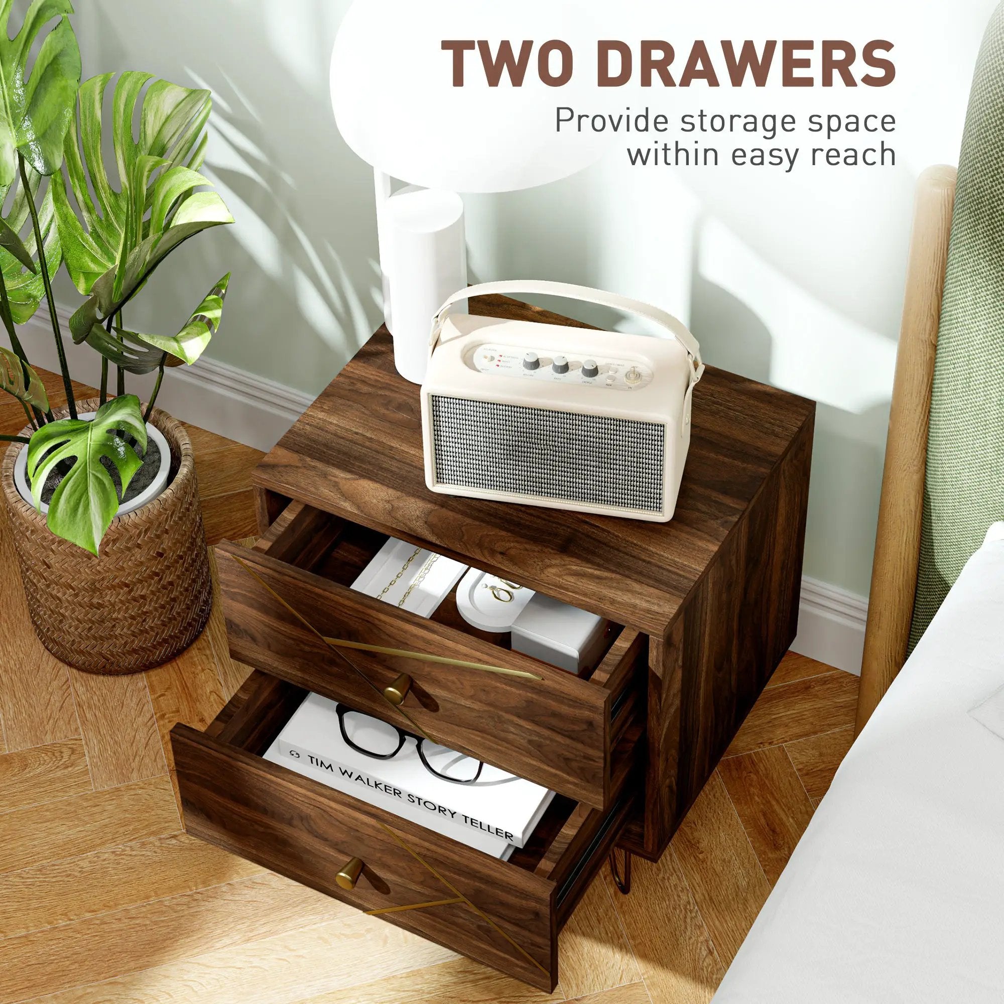 HOMCOM HOMCOM Bedside Tables Set of 2, Modern Side Table Set with 2 Drawers, Brown - Bedside Table