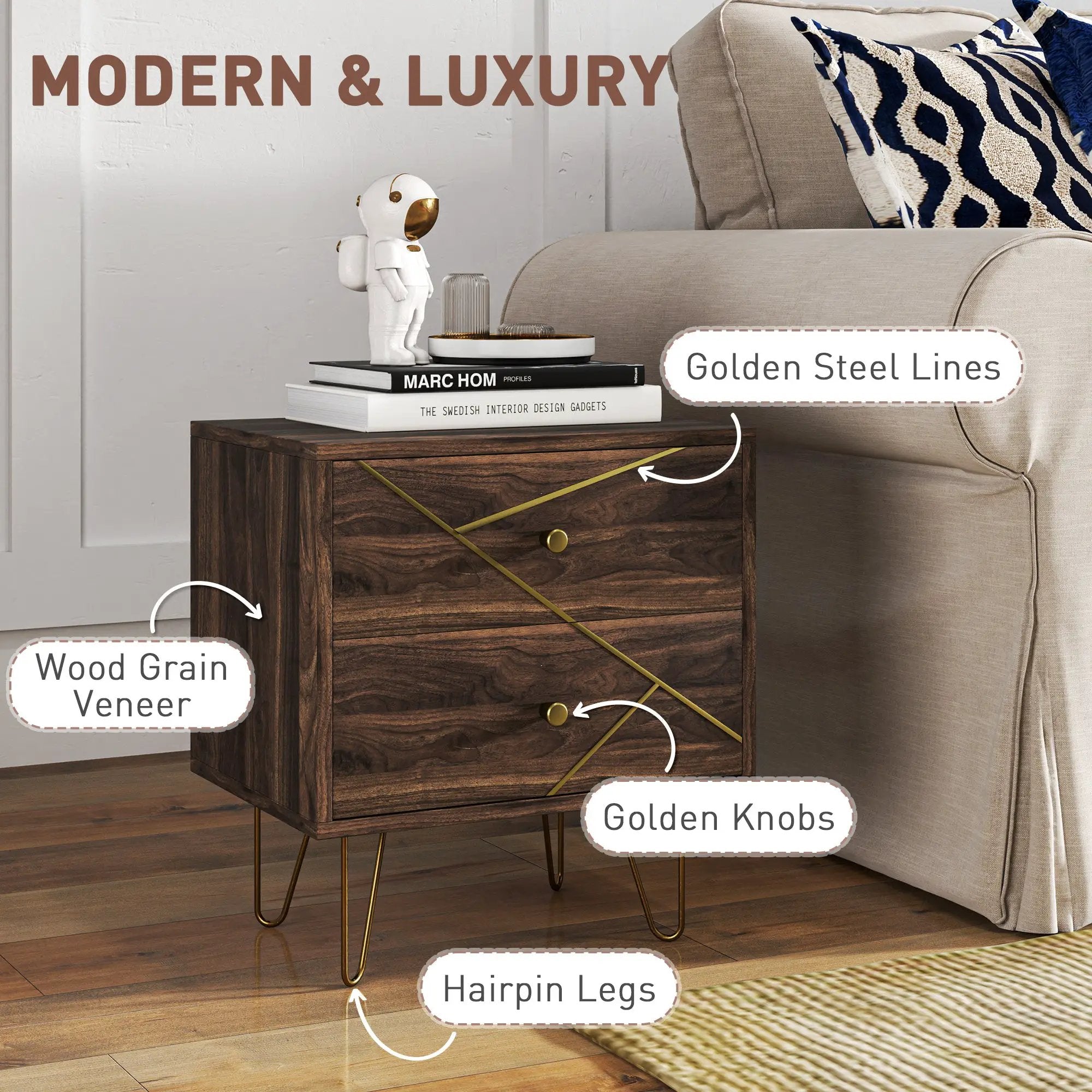HOMCOM HOMCOM Bedside Tables Set of 2, Modern Side Table Set with 2 Drawers, Brown - Bedside Table