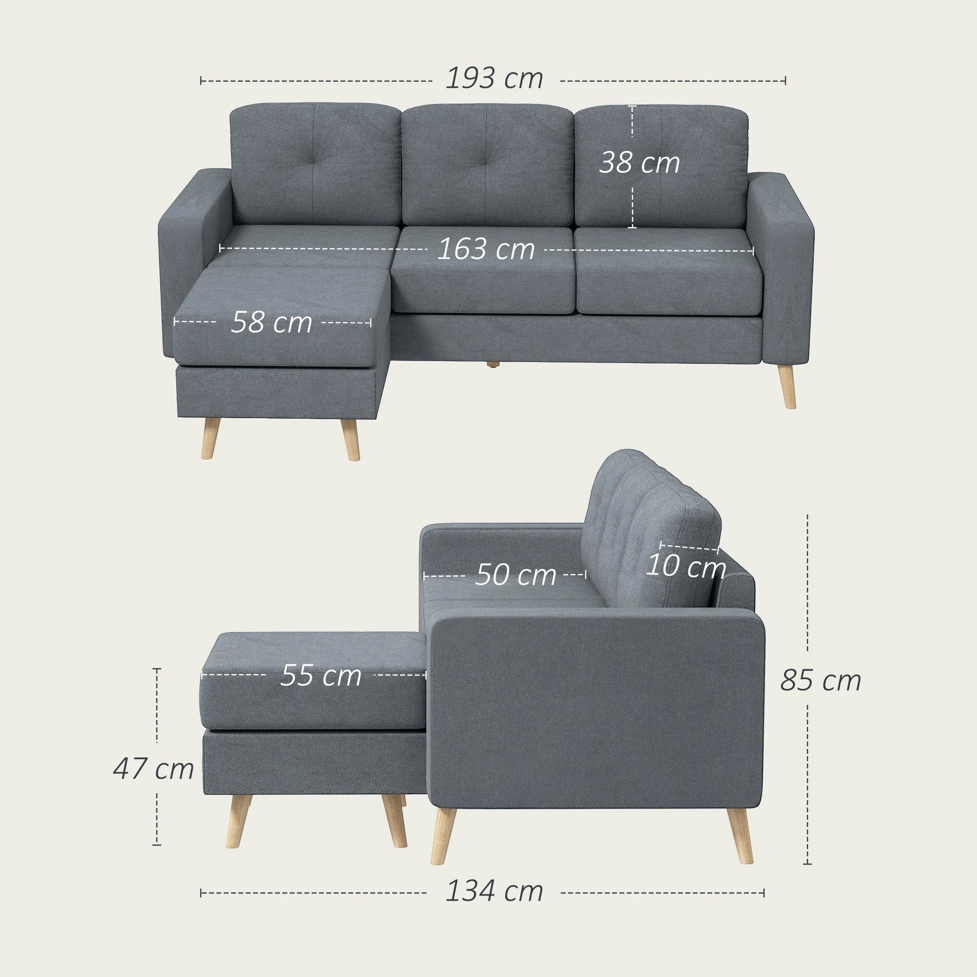 HOMCOM L Shaped Sofa 3Seat Space Saving Linen LivingRoom - Sofa