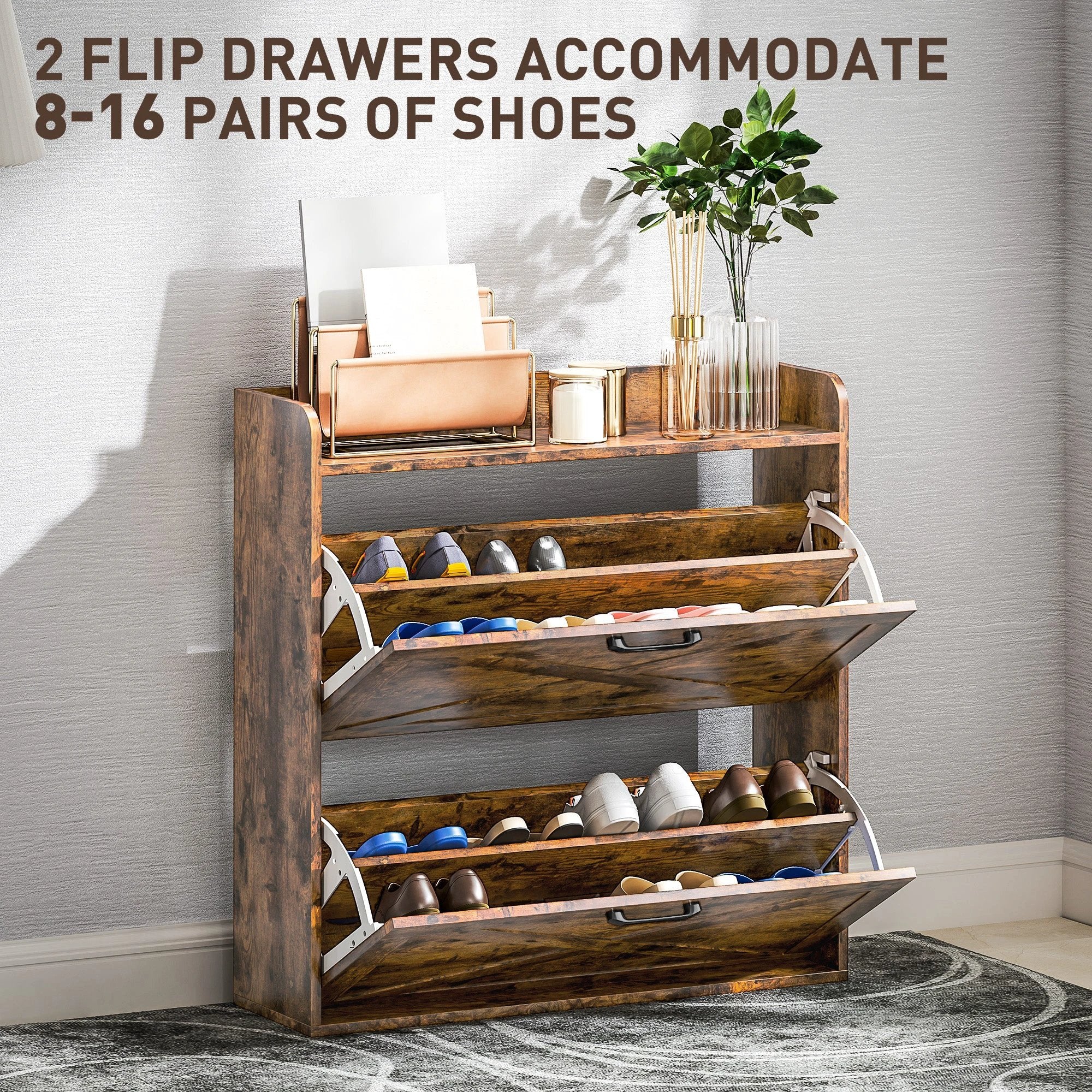HOMCOM Narrow Shoe Cabinet Farmhouse Slim Shoe Storage Cabinet Rustic Brown by HOMCOM