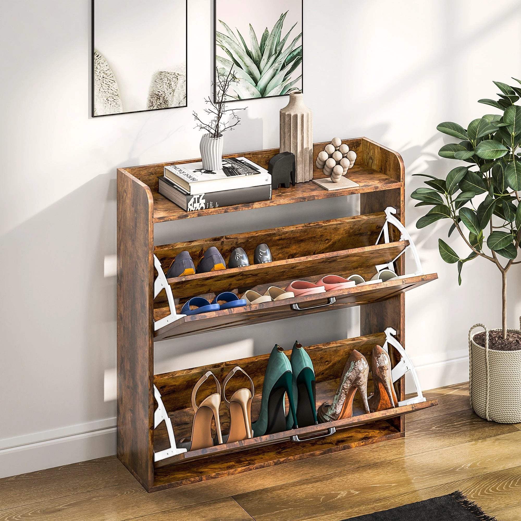 HOMCOM Narrow Shoe Cabinet Farmhouse Slim Shoe Storage Cabinet Rustic Brown by HOMCOM
